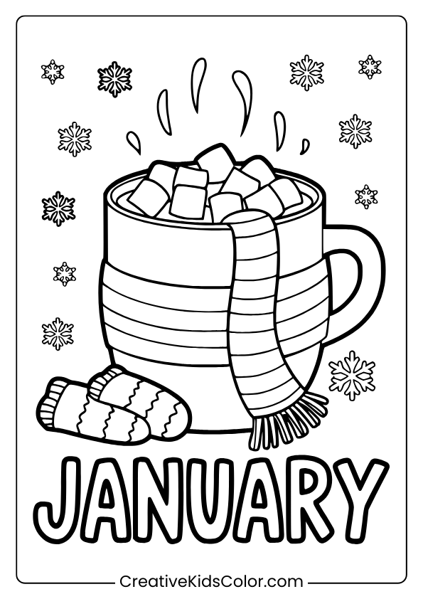 Hot Cocoa Mug With Marshmallows, A Scarf, And Decorative Mittens In This Cozy January-Themed Coloring Page.