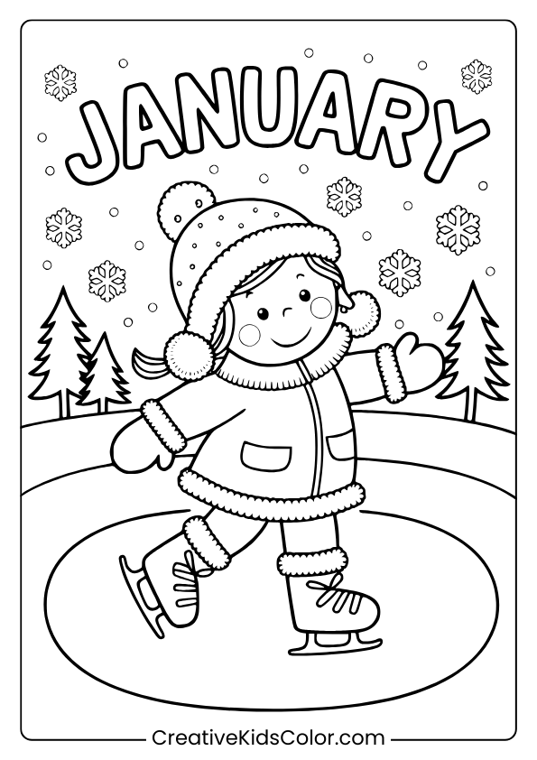 Young Girl Ice Skating In Winter Attire With Snowflakes And Pine Trees In This January Coloring Page.