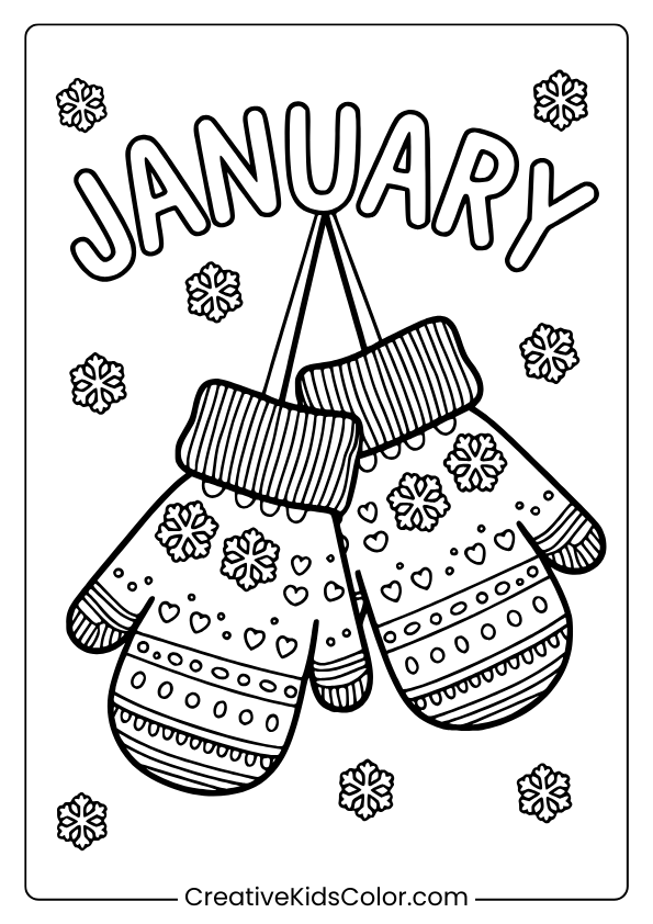 Decorative Mittens With Intricate Patterns Like Hearts And Stripes, Featuring “January” Text In This Coloring Page.