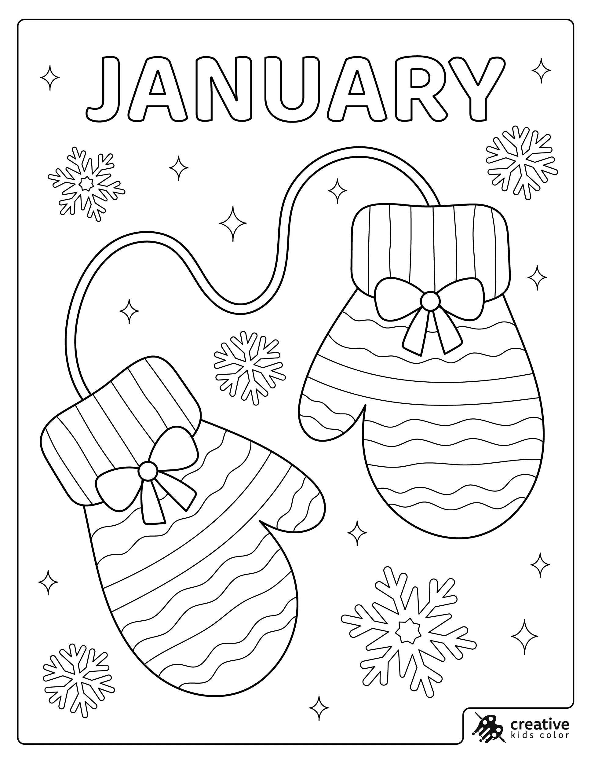 Winter Coloring Page Showing Striped Mittens Connected By A String With Snowflakes.