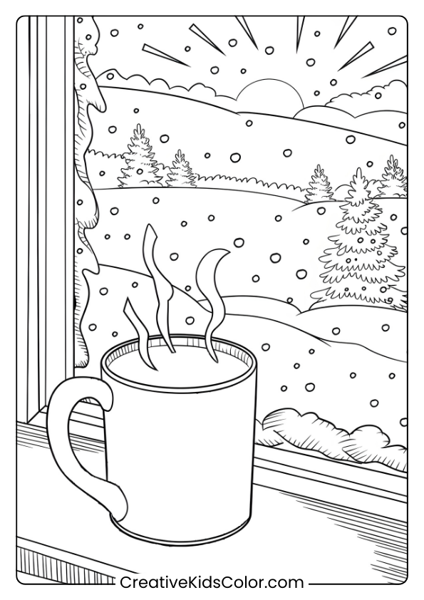 Cozy Winter Scene With A Steaming Mug, Snowy View, And A Rose On The Windowsill In This January Morning Coloring Page.