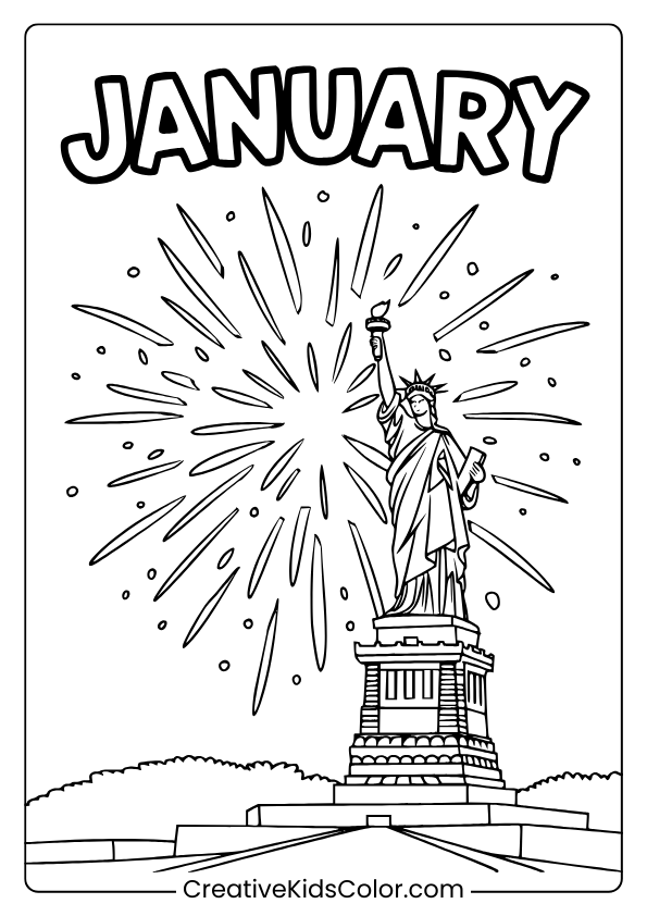 Statue Of Liberty With Fireworks And “January” Text, Celebrating New Year In This Festive Coloring Page.