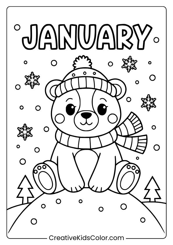Polar Bear In Winter Clothes Sitting On Snow With “January” Text And A Snowy Background Coloring Page.