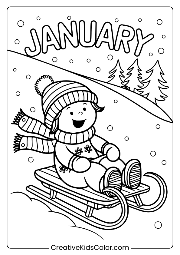Cheerful Child Sledding Down A Snowy Slope With Trees And Snowflakes In This Fun January Coloring Page.
