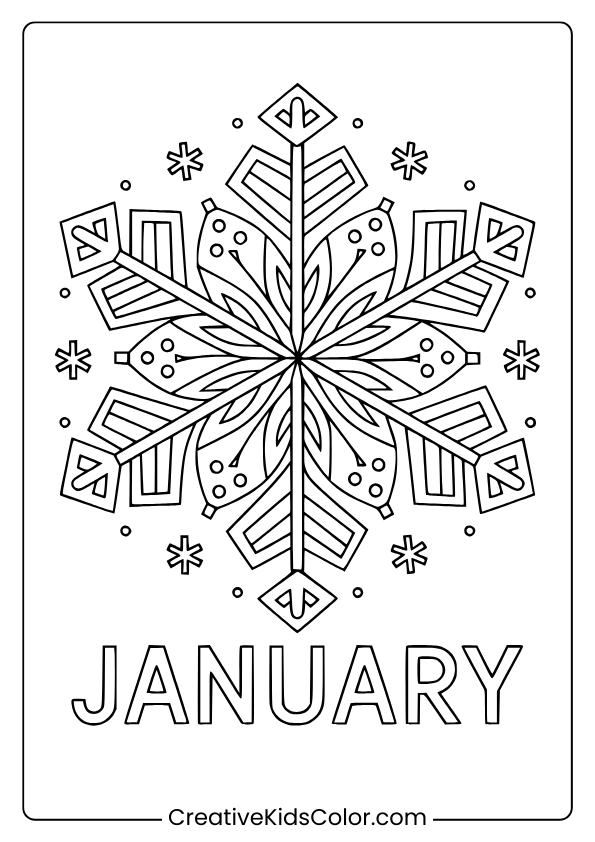 Intricate Snowflake Design With Symmetrical Patterns And “January” Text In This Winter-Themed Coloring Page.