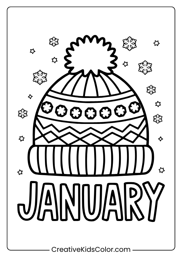 A Detailed Winter Beanie With Patterns And Snowflakes, Featuring “January” Text In This Coloring Page.
