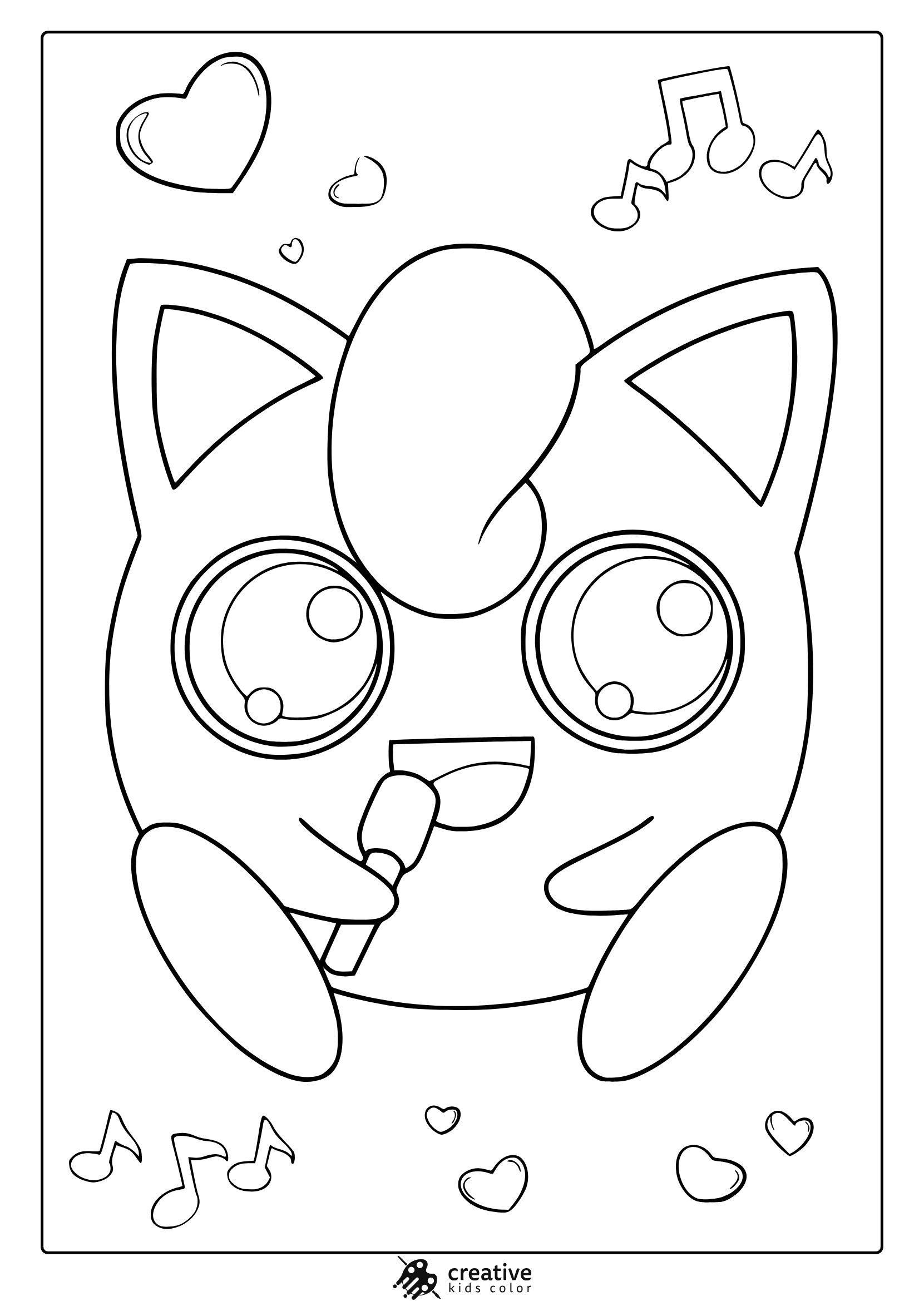 Jigglypuff Holding A Mic With Music Notes And Hearts In A Playful Pokémon Coloring Page.