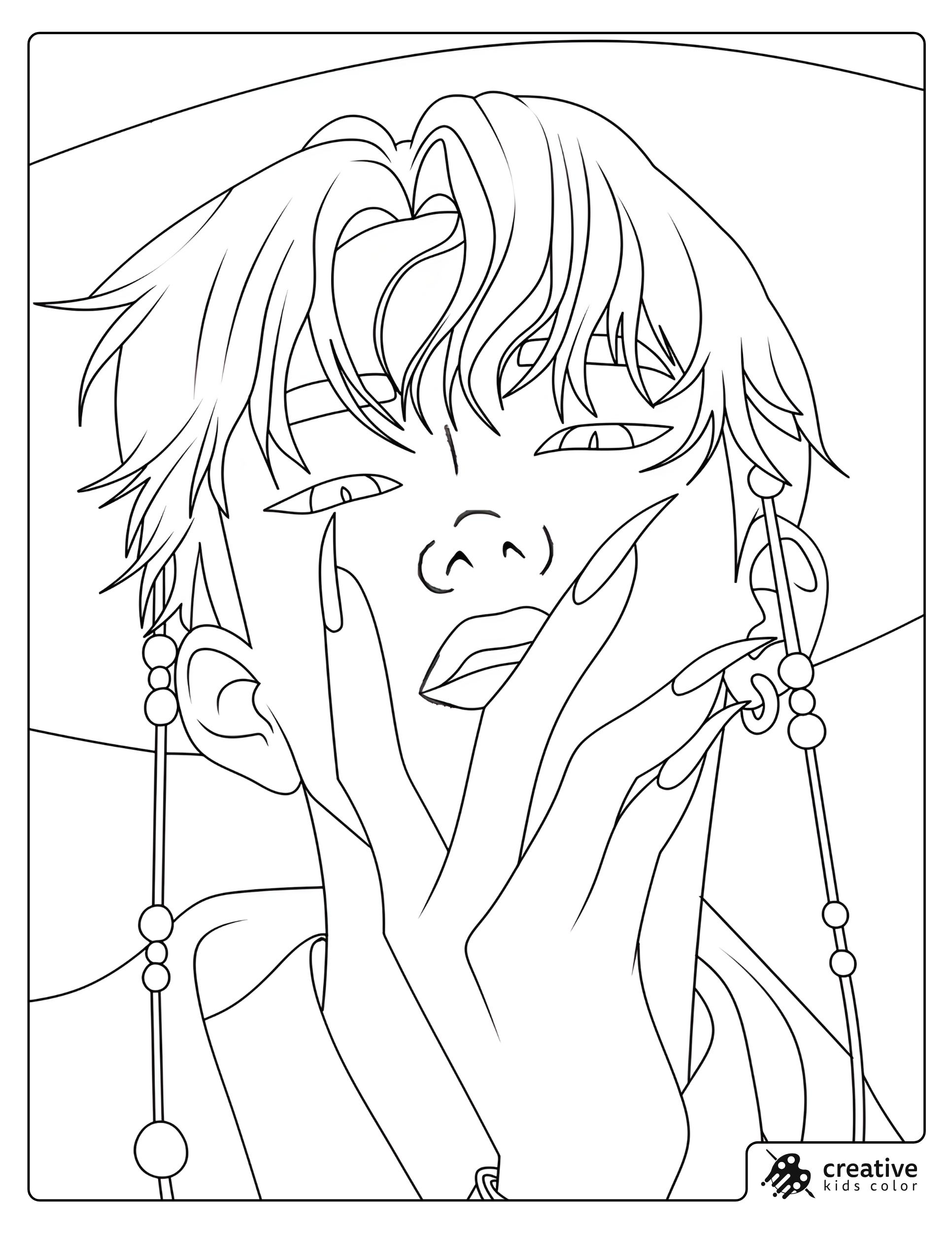 Jinu Close Up Portrait Coloring Page With Long Earrings And Hands Framing His Face