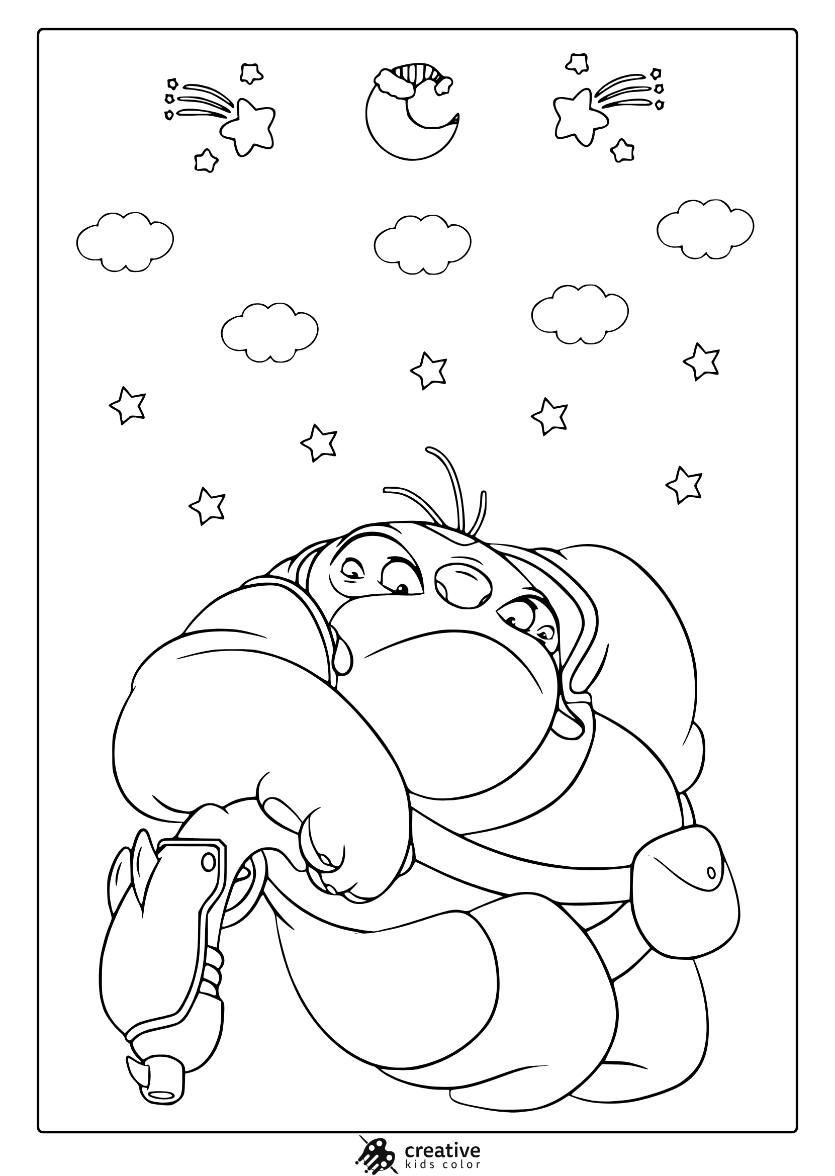 Jumba Jookiba Coloring Page With Cartoon Snail Character Relaxing Under A Starry Sky With Clouds And A Crescent Moon.
