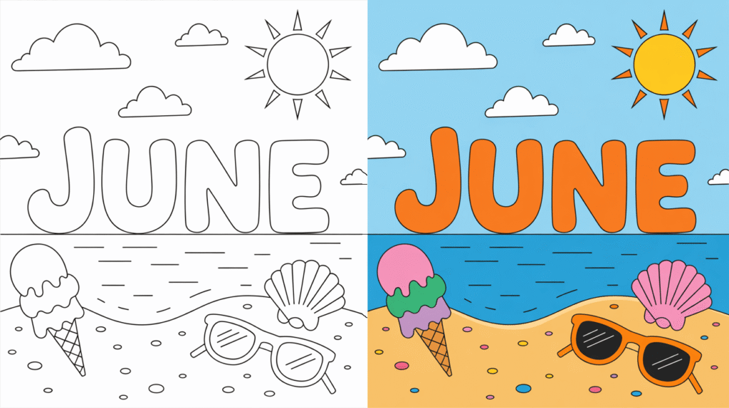 June Coloring Page Cover, Left Side Black And White, Right Side Colored In A Fun, Nature-Filled Scene.