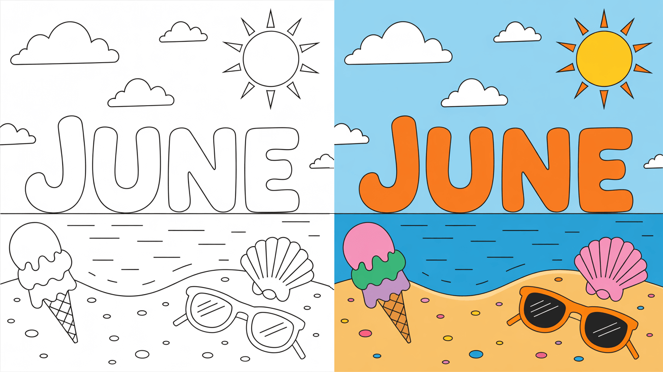 June Coloring Page Cover, Left Side Black And White, Right Side Colored In A Fun, Nature-Filled Scene.