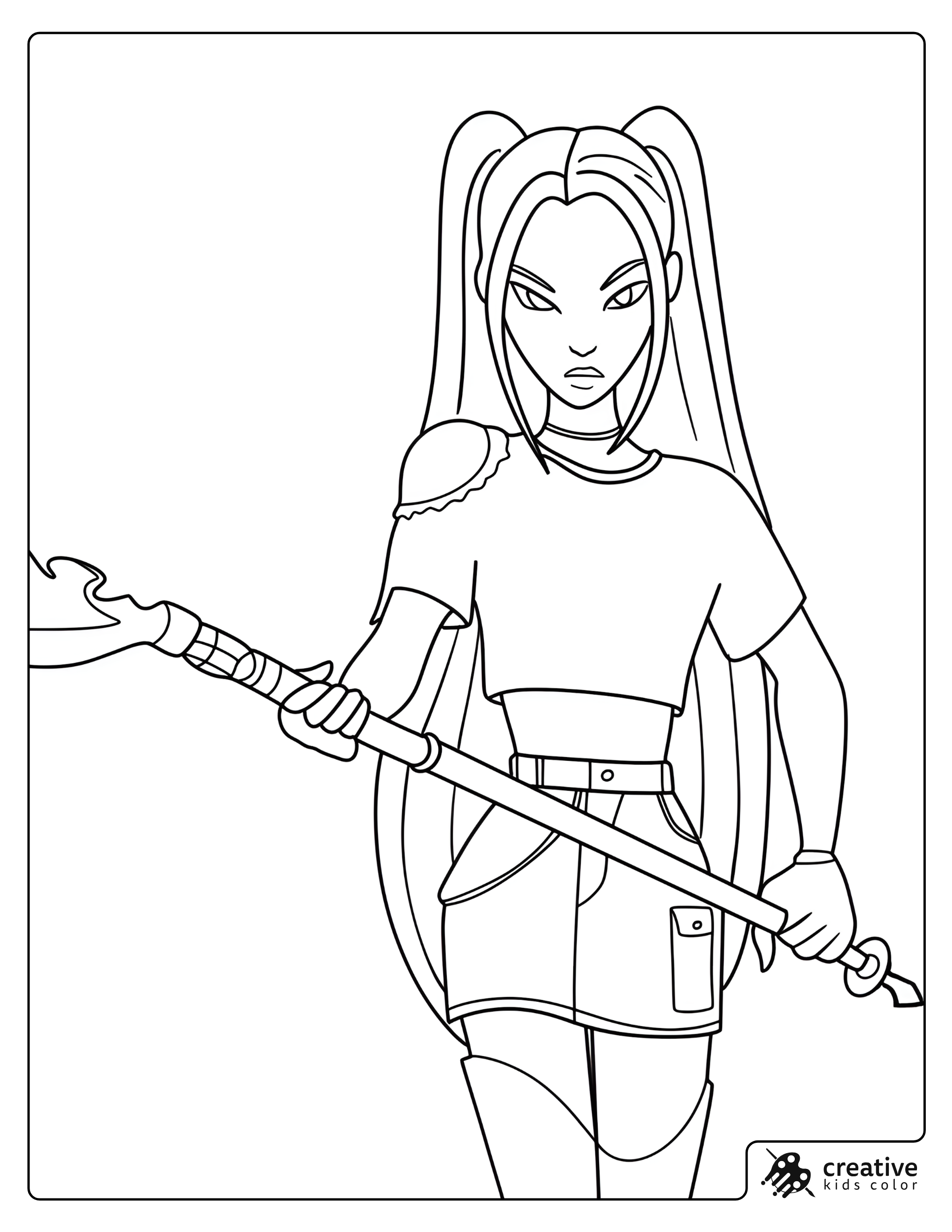 Mira Full Body Action Coloring Page Holding A Staff With A Flame Tip