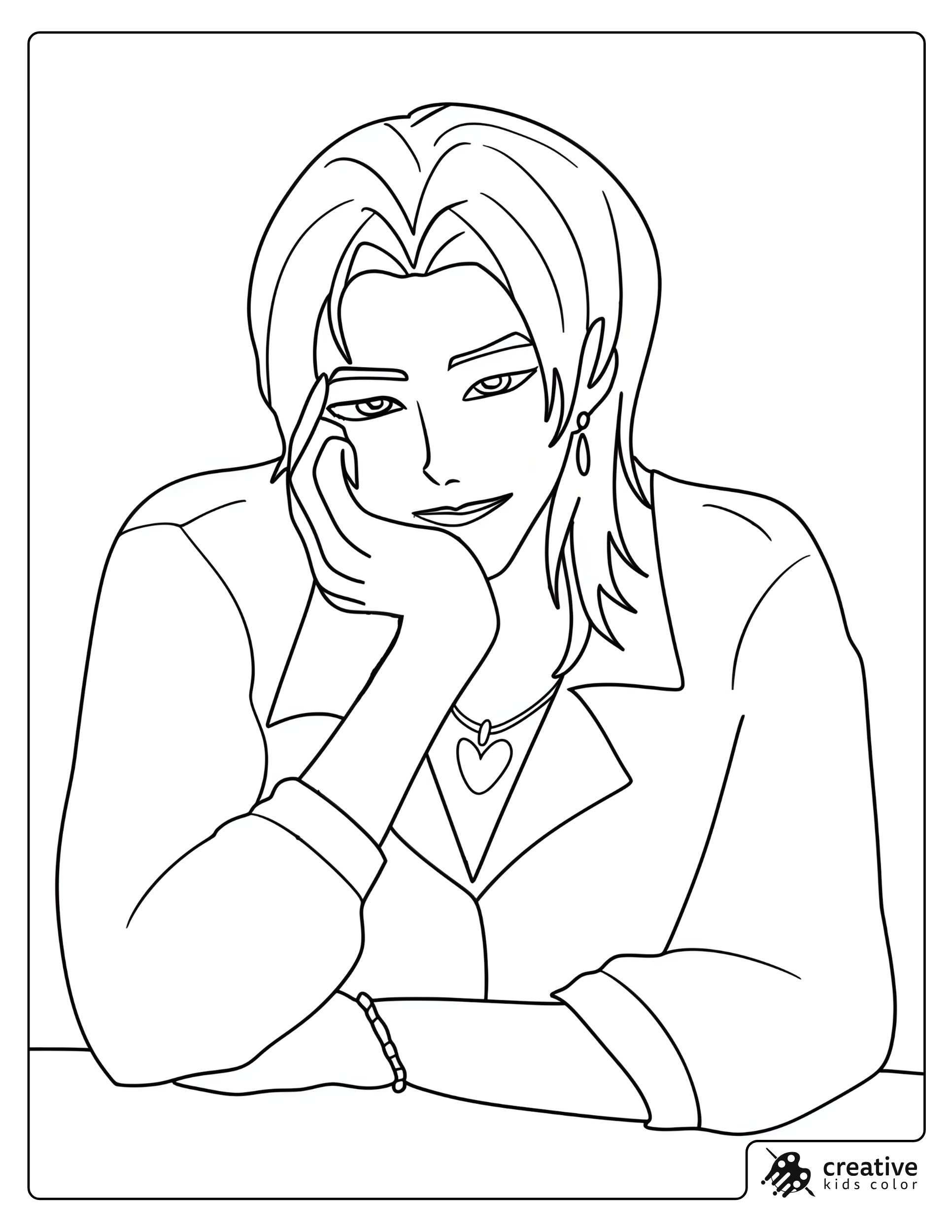 Coloring Page of Smiling Romance Portrait With Heart Necklace Holding Hands On One Hand