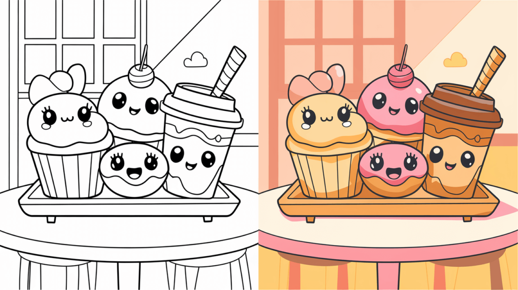 Kawaii Coloring Page Cover, The Left Side Is Colored In Black And White And The Right Side Is Colored With A Fun Scene.