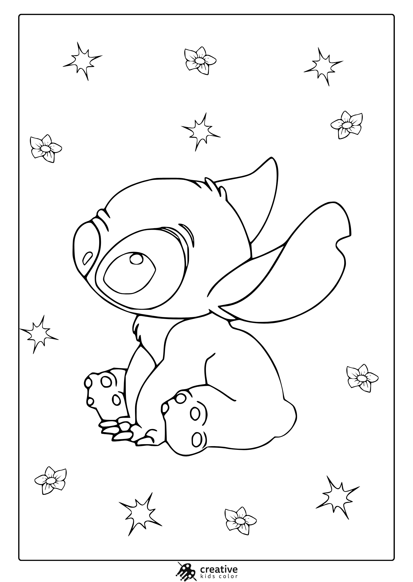 Kawaii Stitch Coloring Page Featuring Cute Sitting Pose With Background Of Simple Flowers And Various Star Designs.