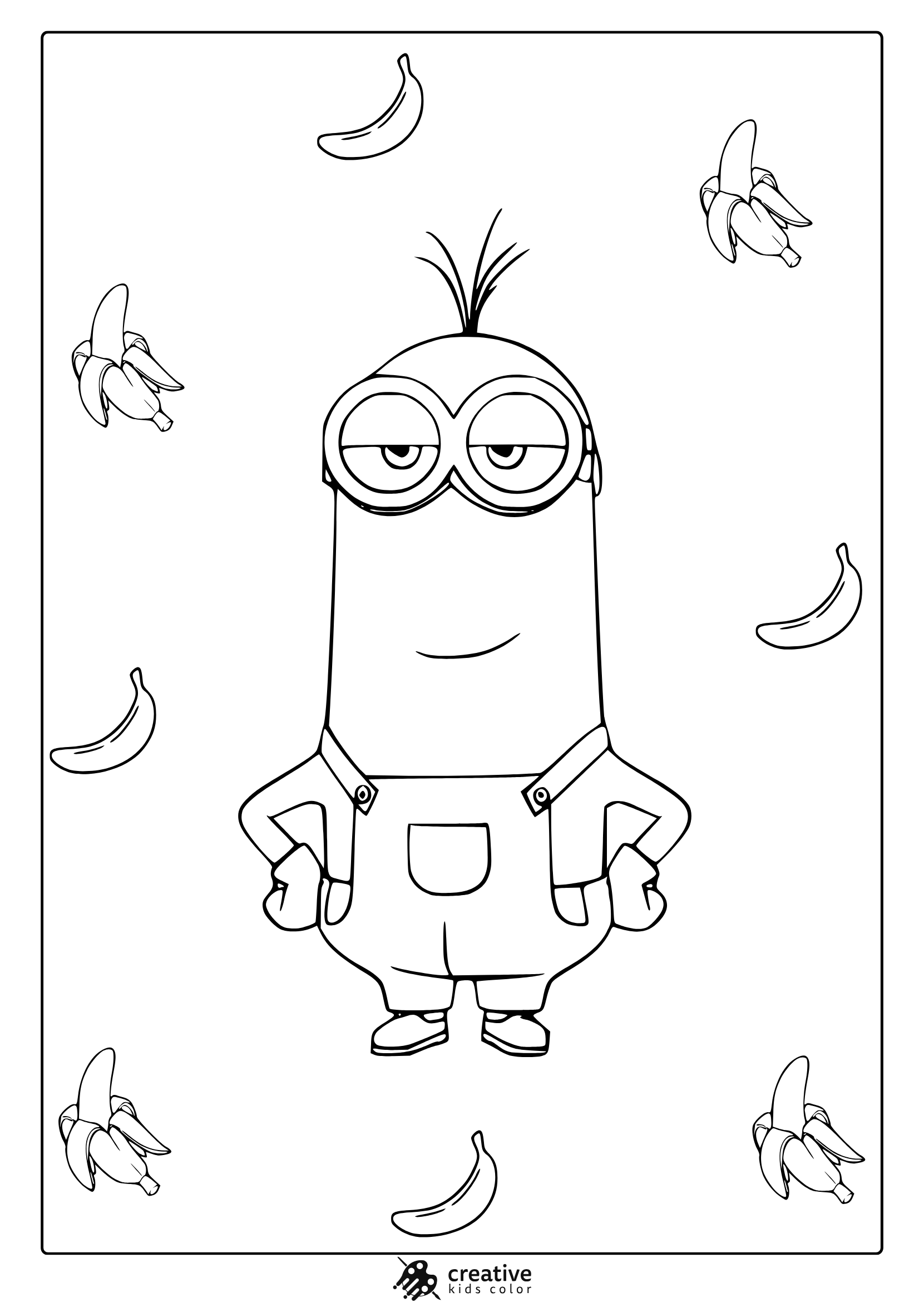 Coloring Page With Kevin The Minion In A Confident Stance, Surrounded By Bananas In A Fun Coloring Page Design.