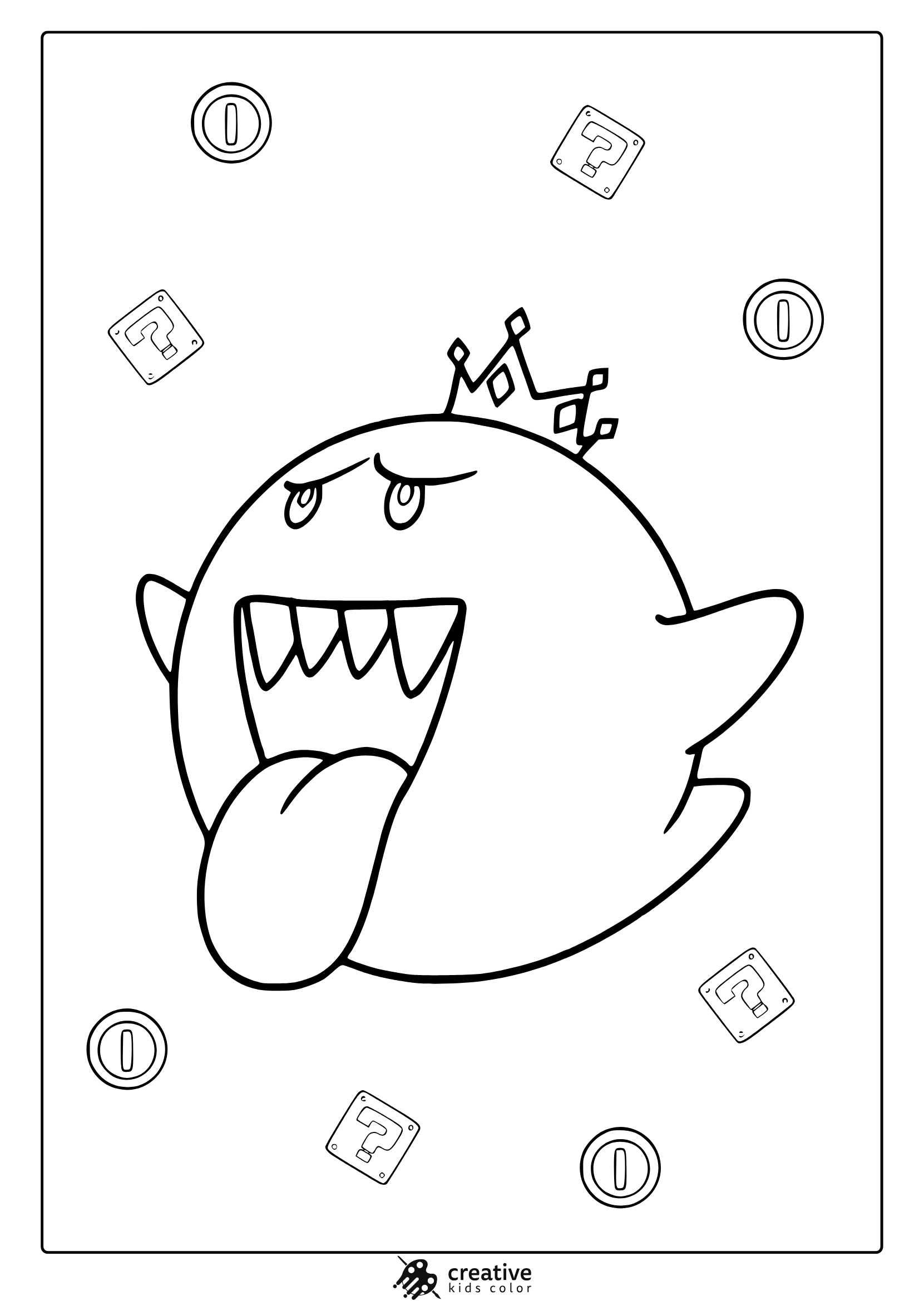 Coloring Page Featuring King Boo With Floating Coins And Question Icons Around Him.