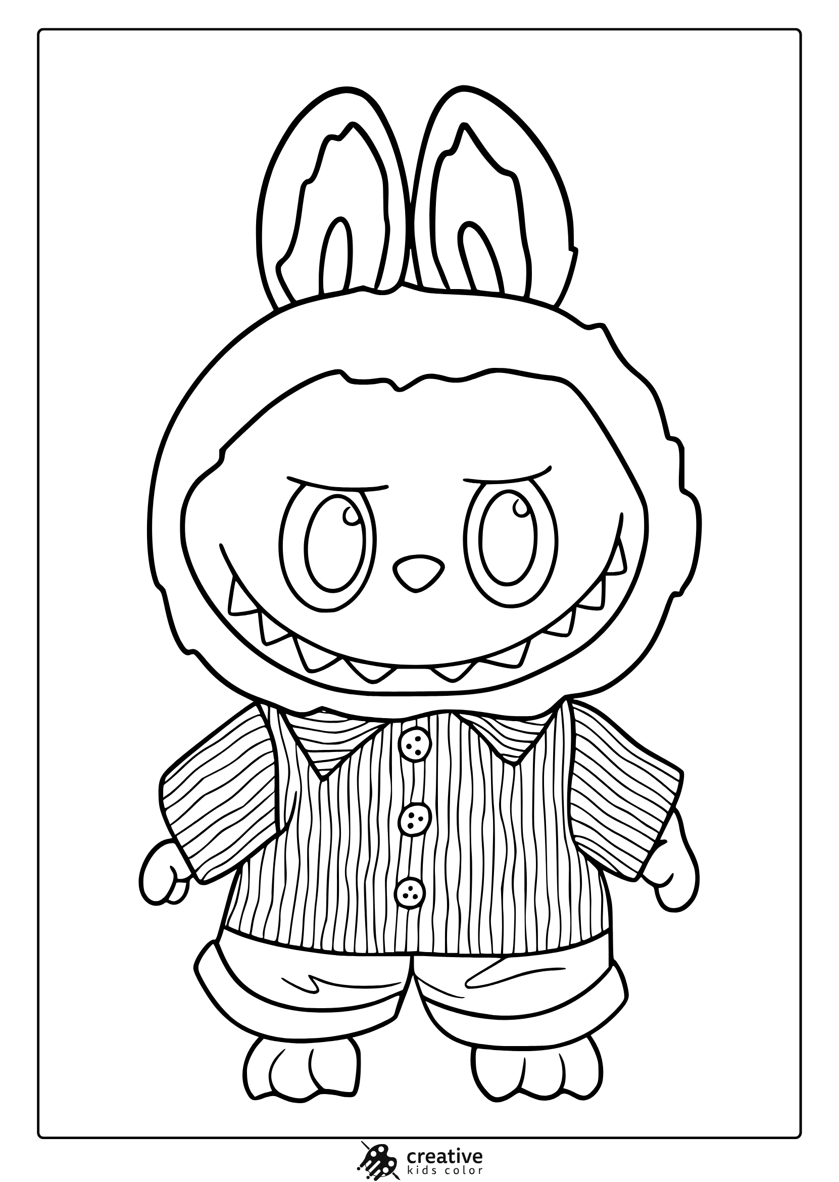 Labubu In Striped Shirt And Pants With Bunny Mask And Sharp Smile In A Cute Coloring Page.