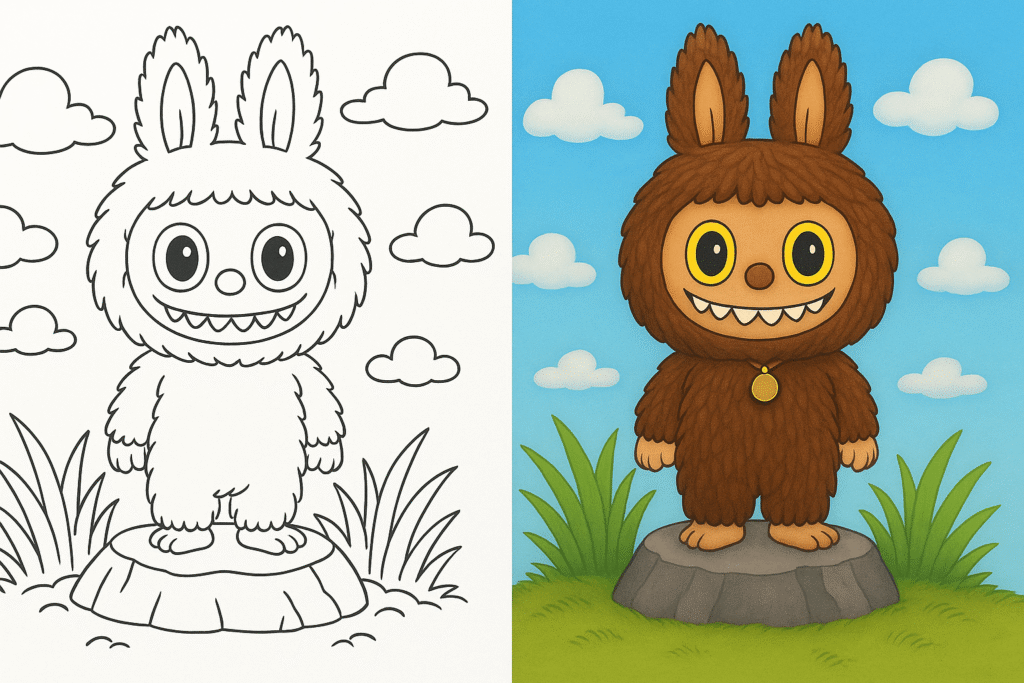 Labubu Coloring Page Cover, Left Side Black And White, Right Side Colored In A Fun, Nature-Filled Scene.