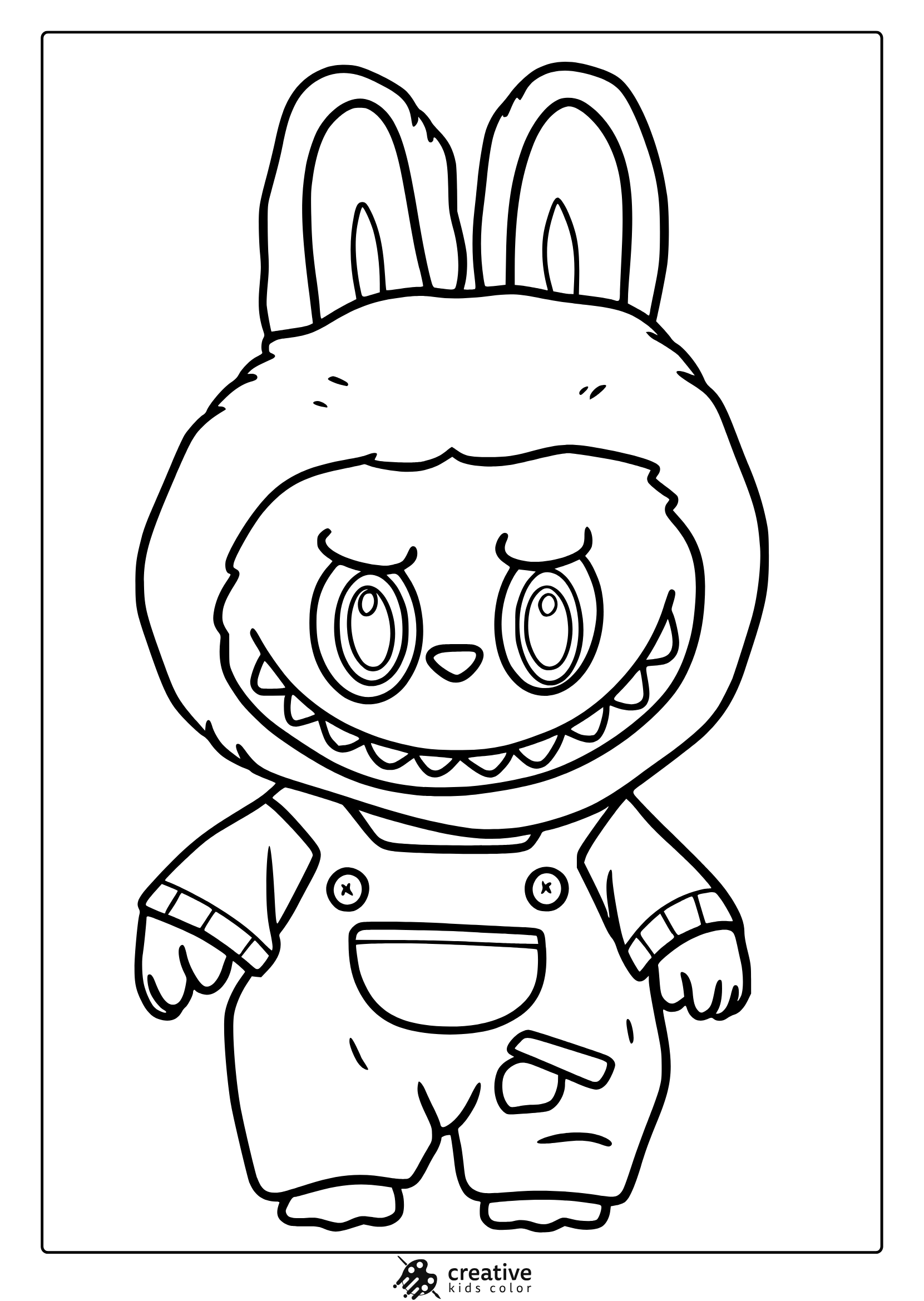 Labubu In Overalls With Wide Smile And Large Bunny Ears In A Child Friendly Coloring Page.