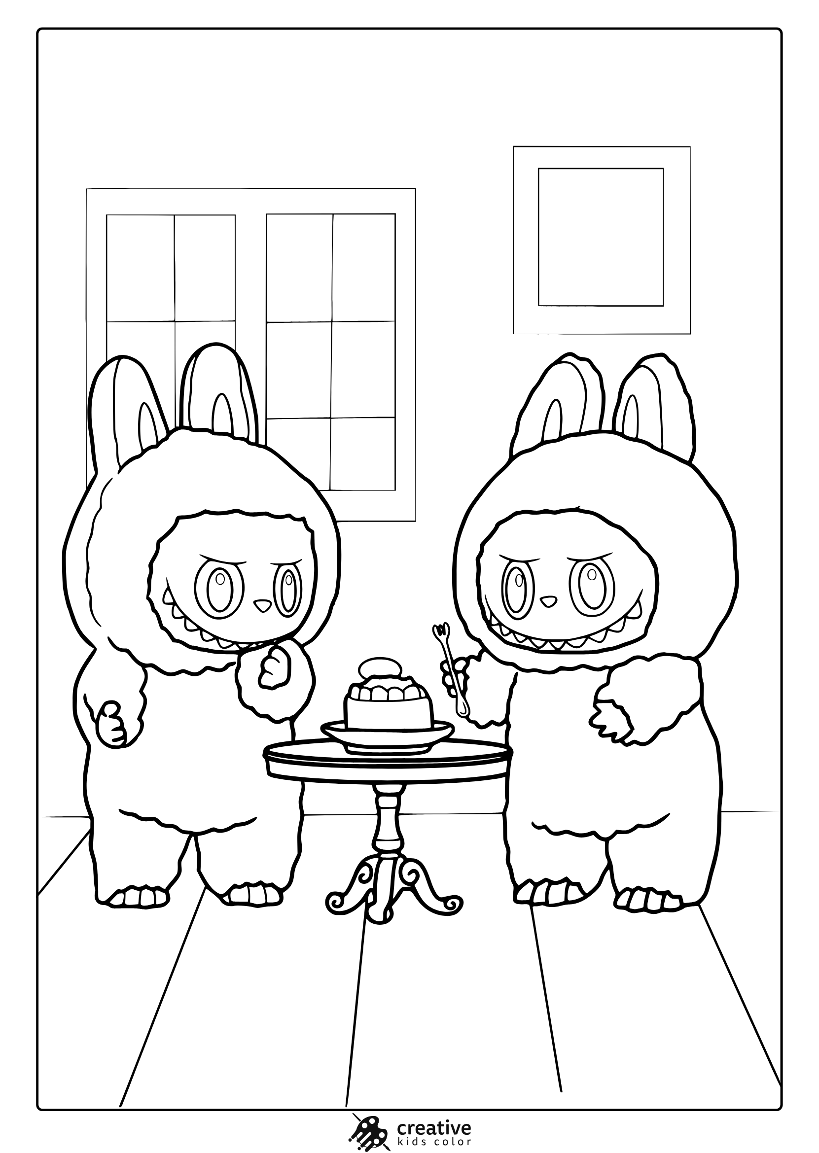 Two Labubu Characters Share A Cake Indoors In This Friendly And Balanced Coloring Page.