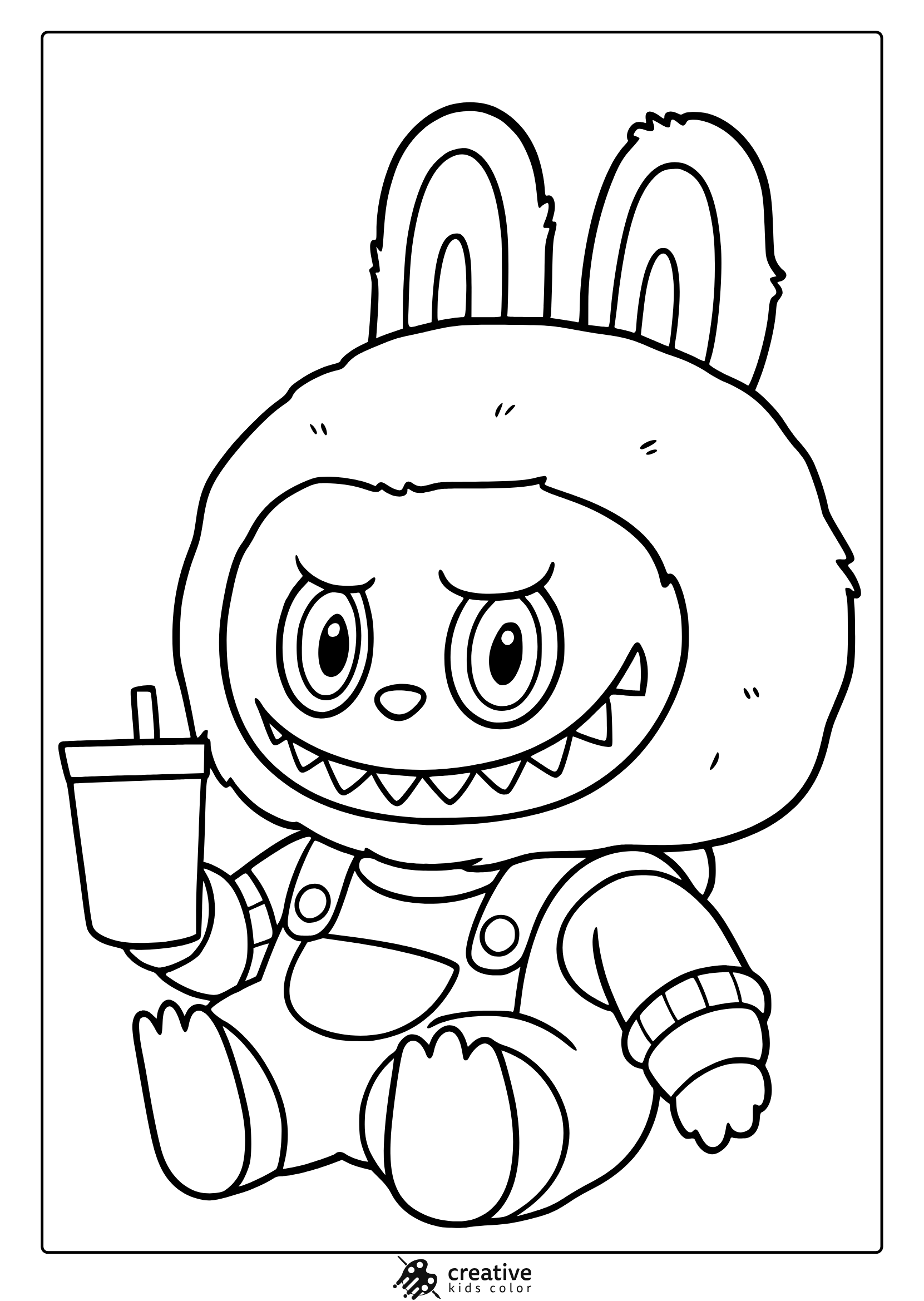 Labubu In Bunny Costume Drinking From A Cup With Straw In This Cozy Coloring Page.