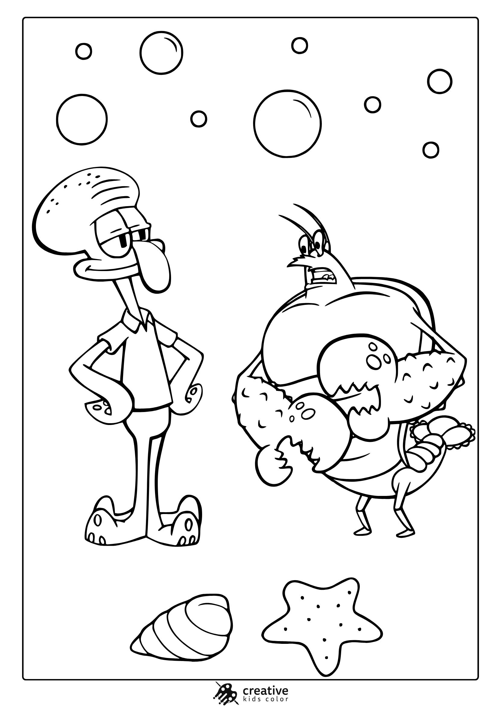 Larry The Lobster And Squidward In An Underwater Coloring Page With Bubbles, Seashell, And Starfish Details.