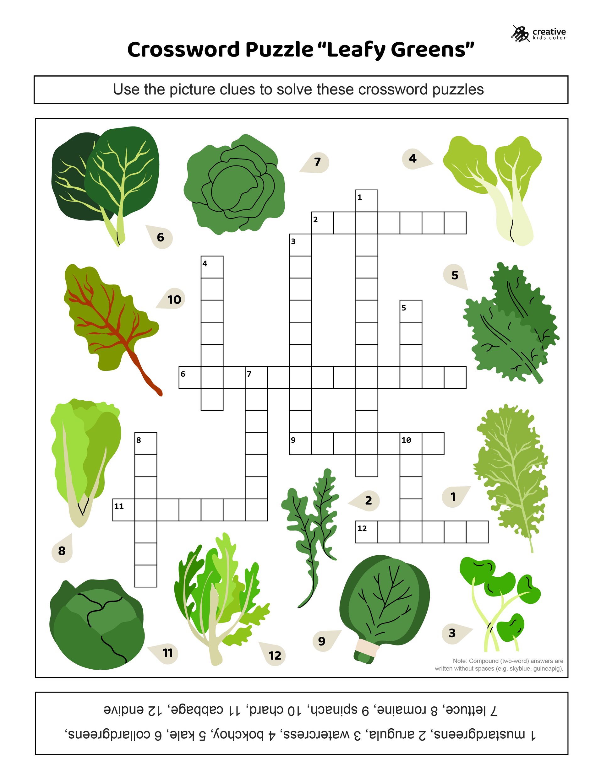 Free printable leafy greens crossword puzzle for kids and adults.