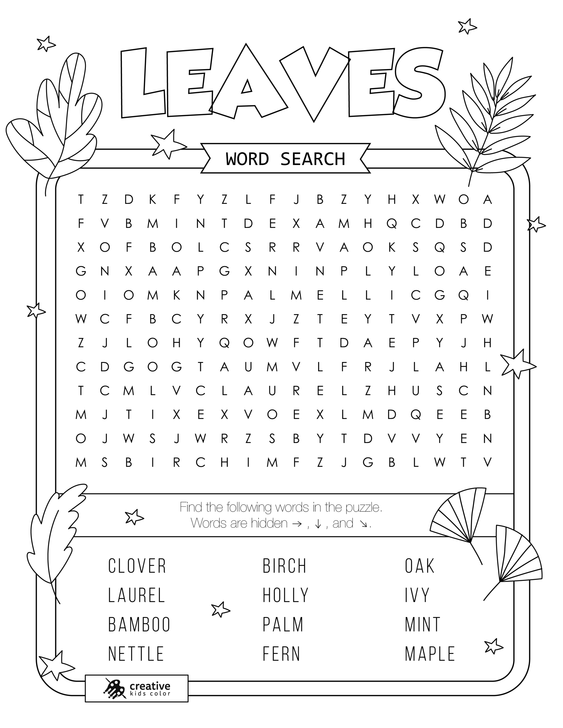 Free printable Leaves word search puzzle with 12 words from maple to ivy.