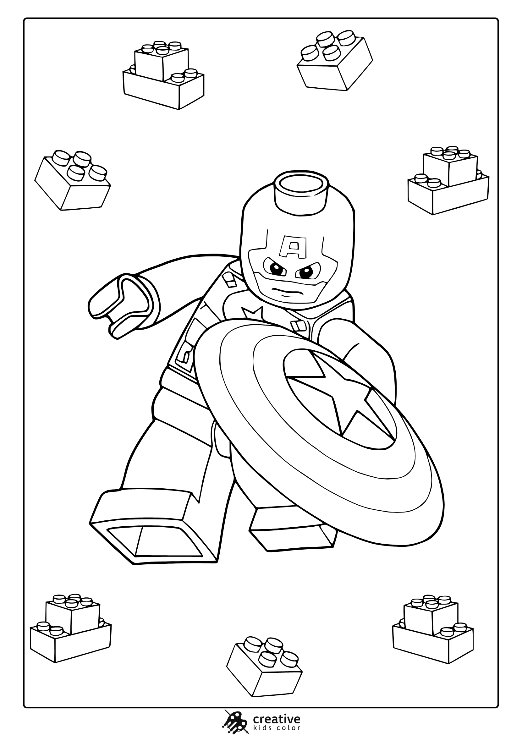 Lego Captain America Coloring Page With Shield And Surrounding Lego Bricks In Simple Black Outlines.