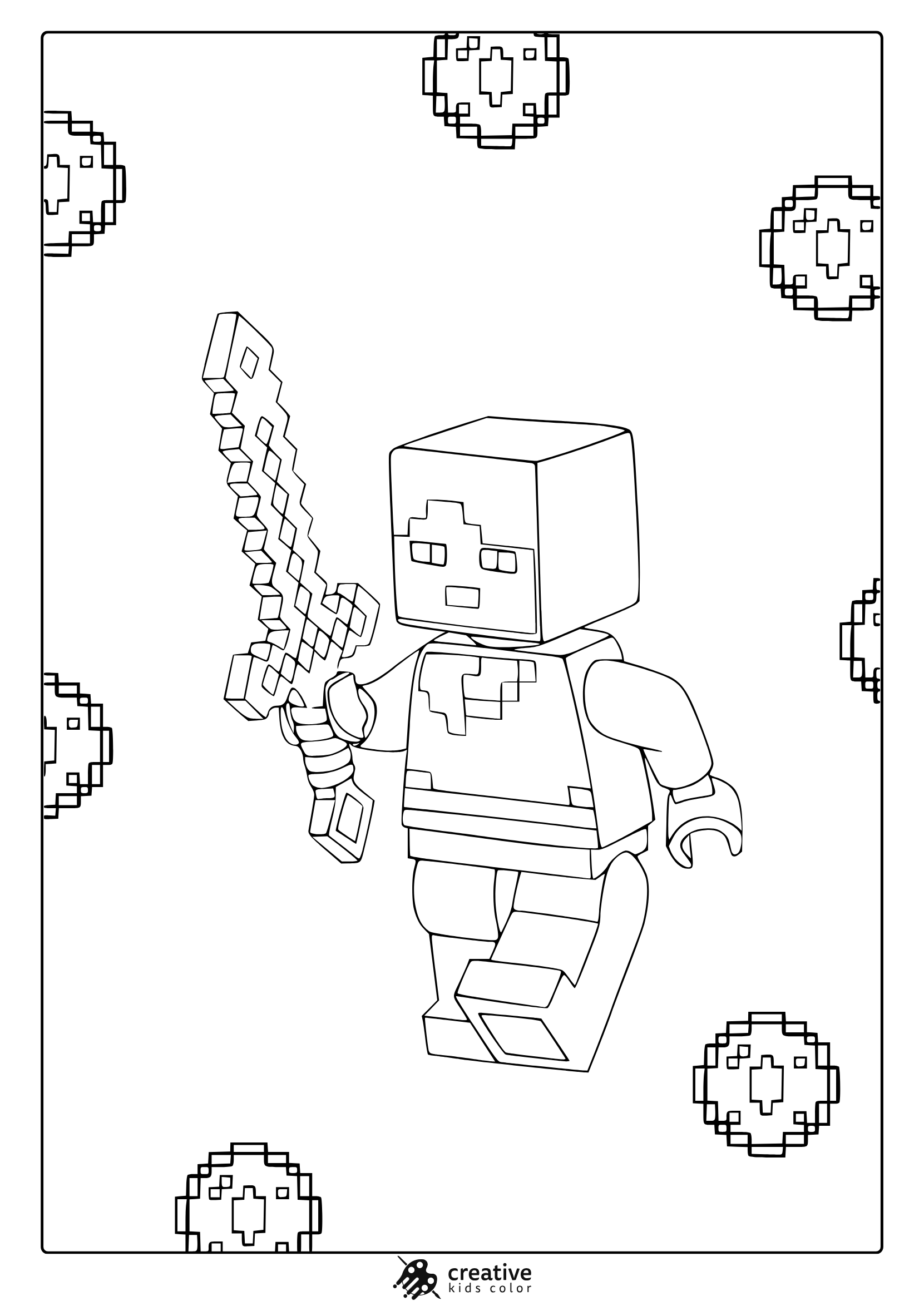 Lego Minecraft Coloring Page With Blocky Figure Holding A Detailed Diamond Sword In A Clean Coloring Style.