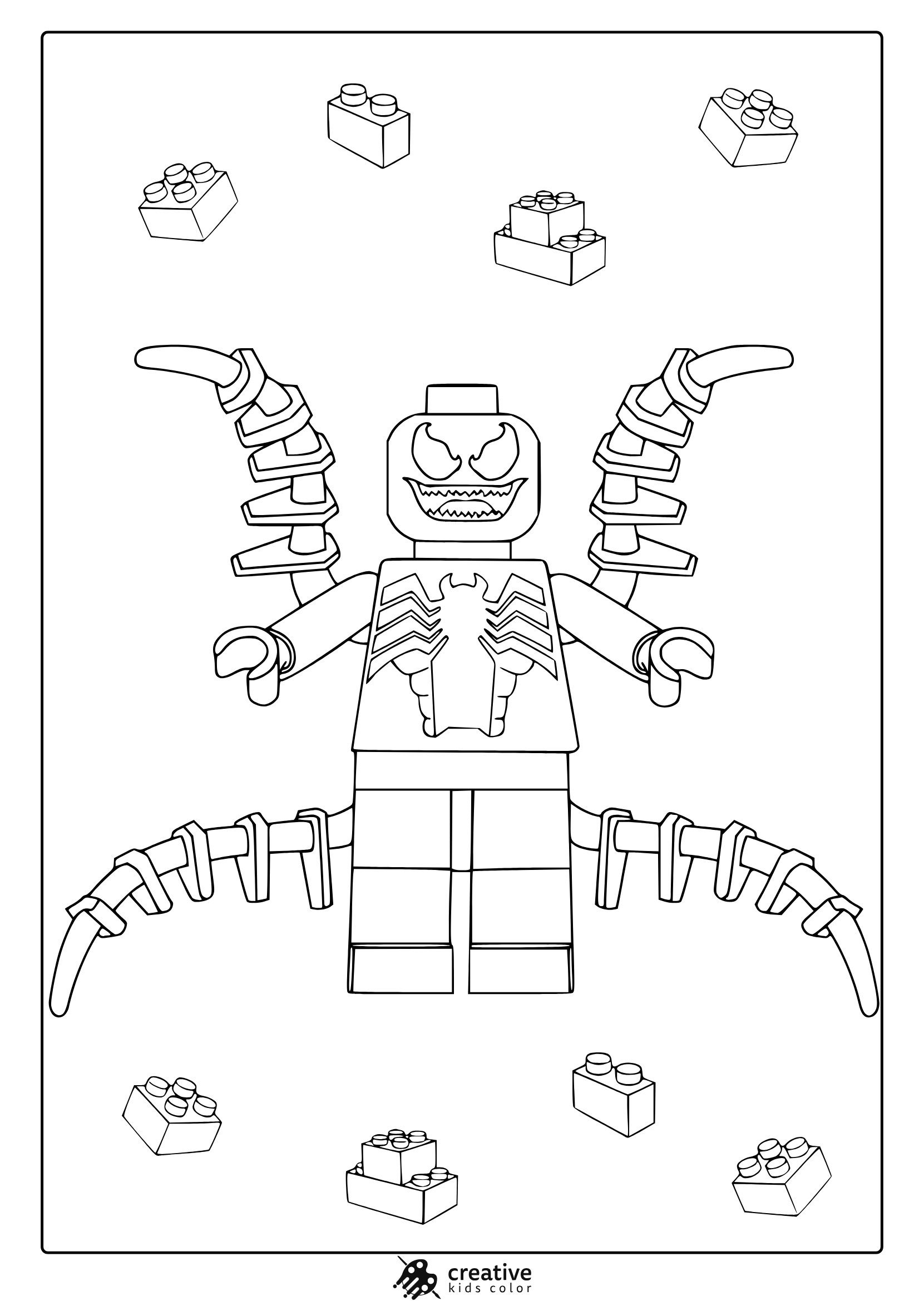 Lego Venom Coloring Page With Blocky Minifigure Style And Floating Bricks, Perfect For Creative Kids And Fans.