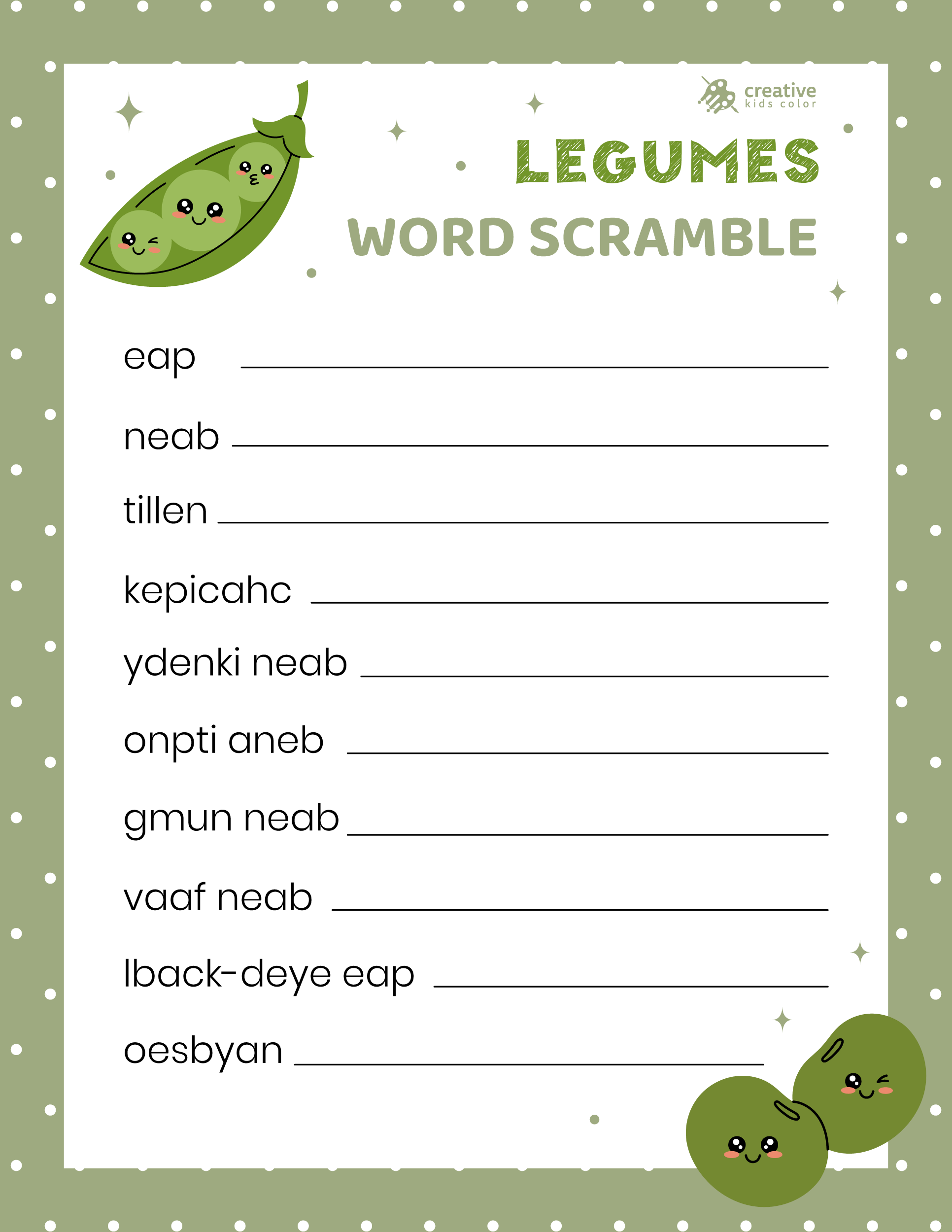 Free printable Legumes Word Scramble for practicing plant based food vocabulary.