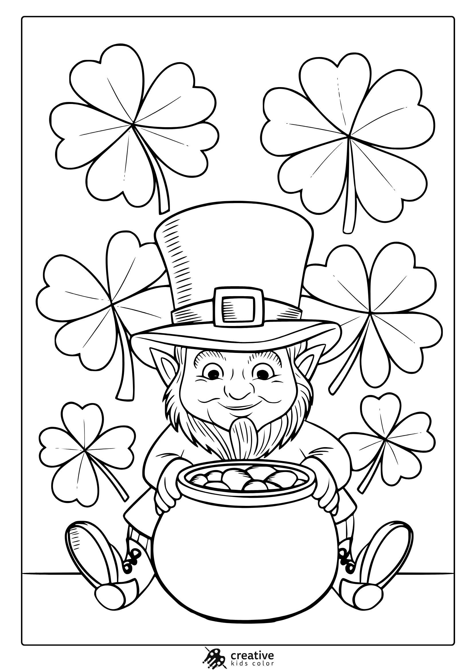 A St. Patrick’s Day Coloring Page With A Smiling Leprechaun, Shamrocks, And A Pot Of Gold, Ready To Color.
