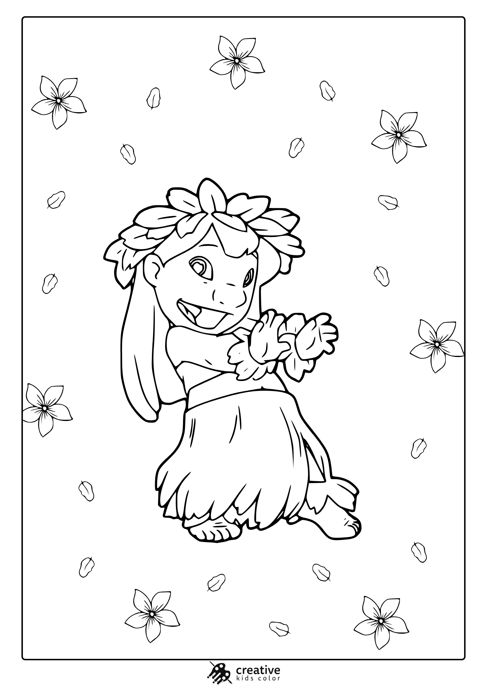 Lilo Hula Dancing Coloring Page With Scattered Flowers And Petals, Featuring A Joyful Pose And Simple Cartoon Lines.
