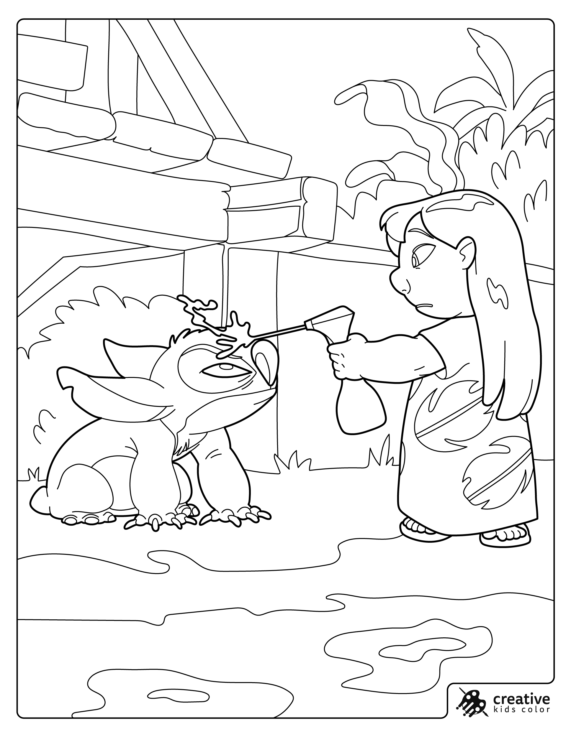 A Coloring Page Showing Lilo Spraying Water At Stitch Outdoors.