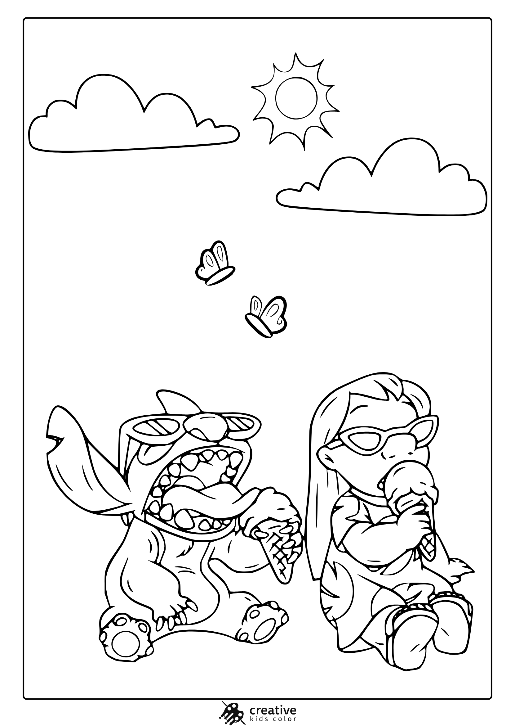 Lilo And Stitch Coloring Page With Ice Cream, Clouds, Sun, And Butterflies In A Fun And Simple Cartoon Style.