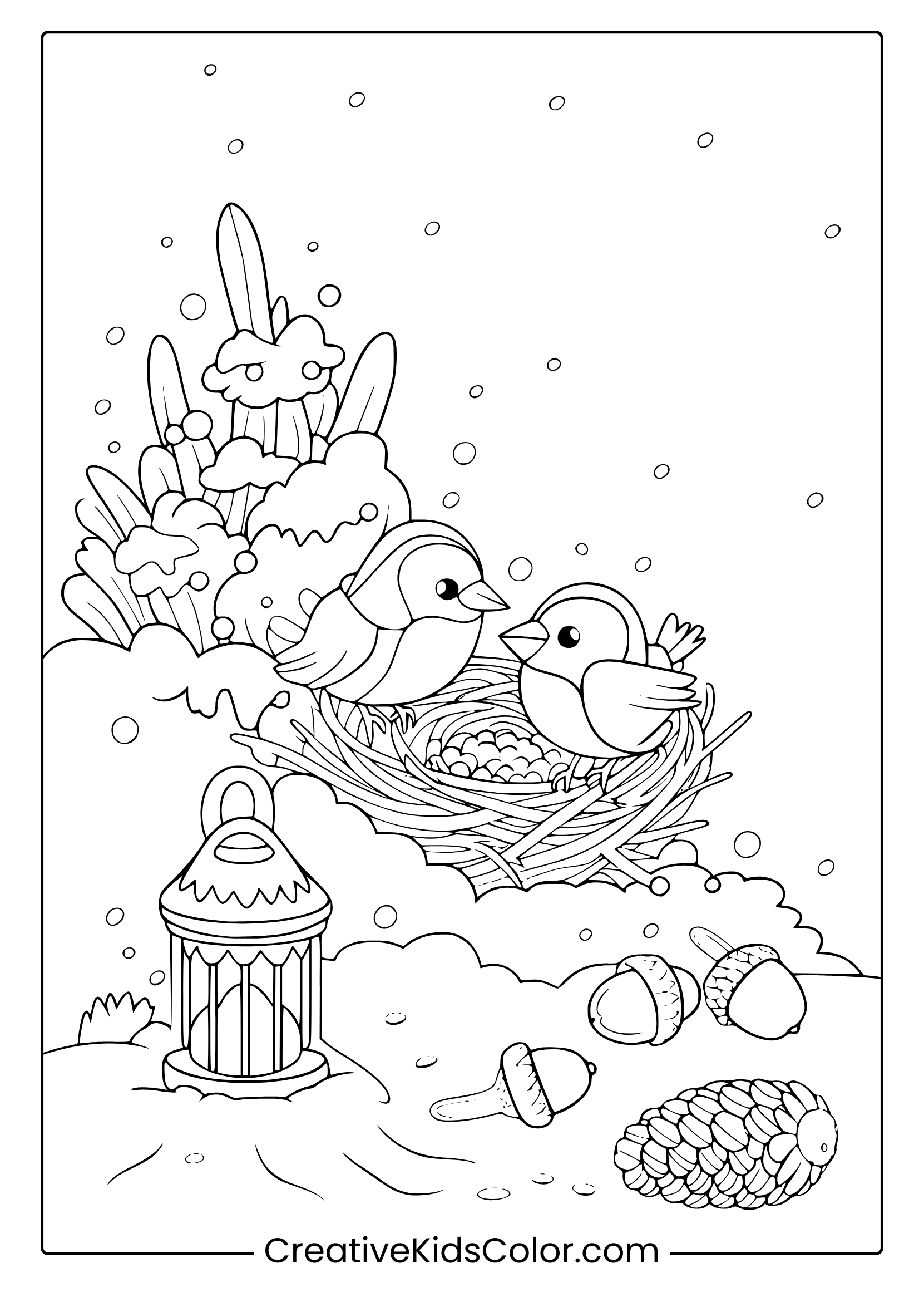 A Peaceful Winter Scene With Birds, Snowflakes, And A Lantern, Perfect For February Coloring.