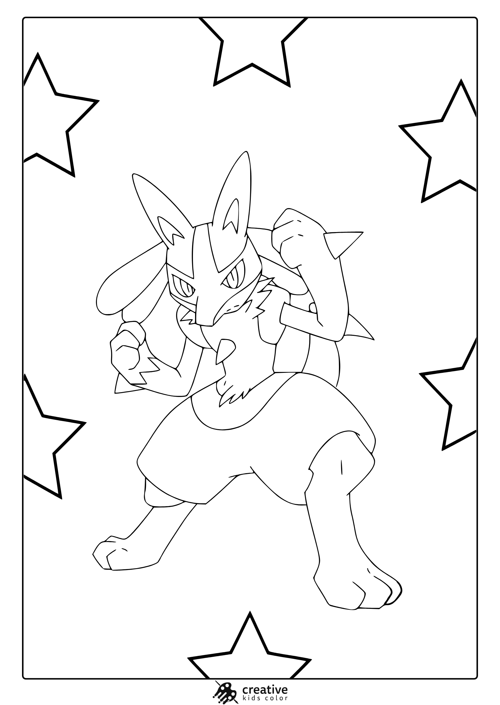 Lucario In A Dynamic Combat Pose Surrounded By Stars On A Bold Pokémon Coloring Page.