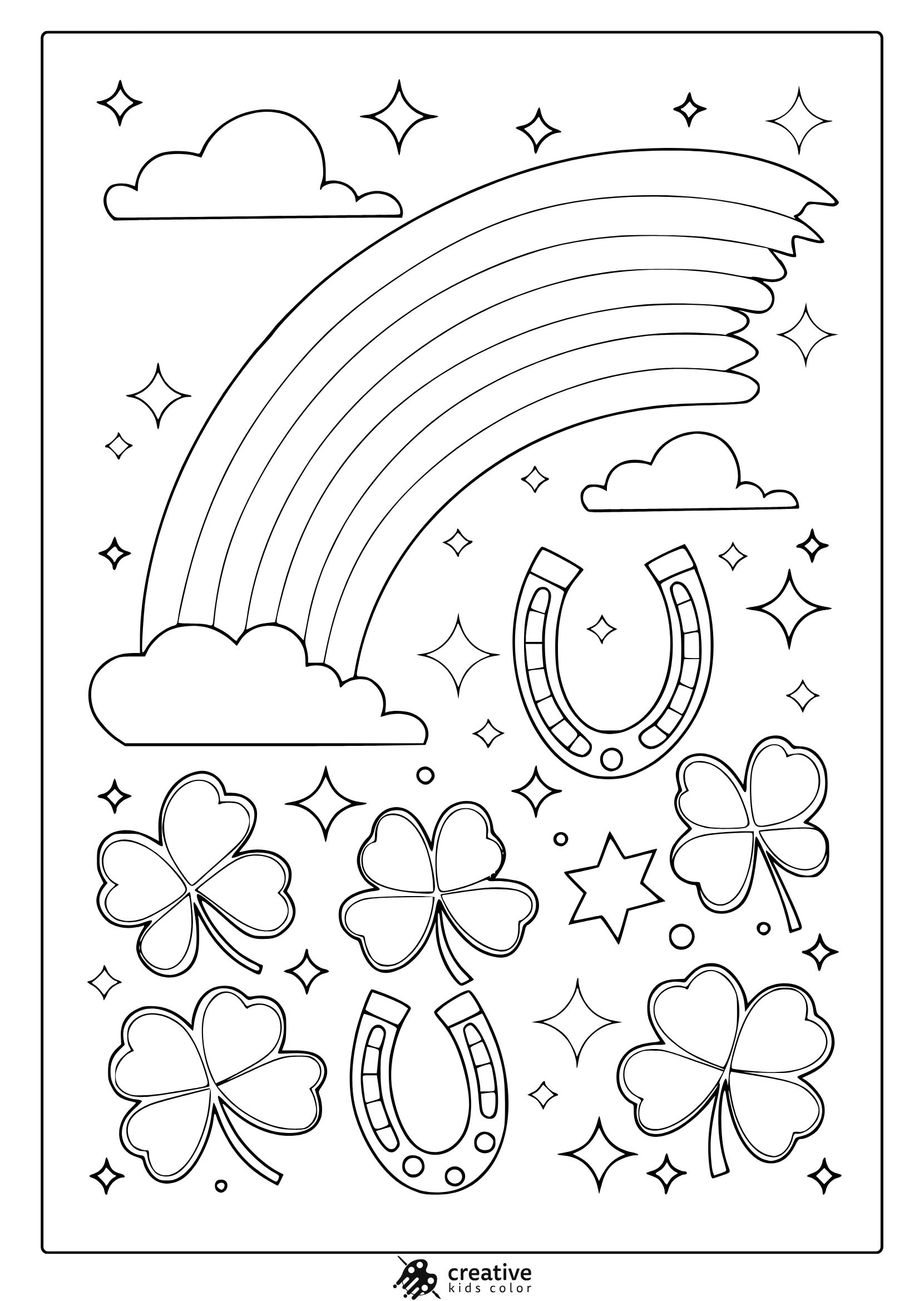 A St. Patrick’s Day Coloring Page Featuring A Rainbow, Shamrocks, Horseshoes, And Stars, Perfect For Festive Fun.