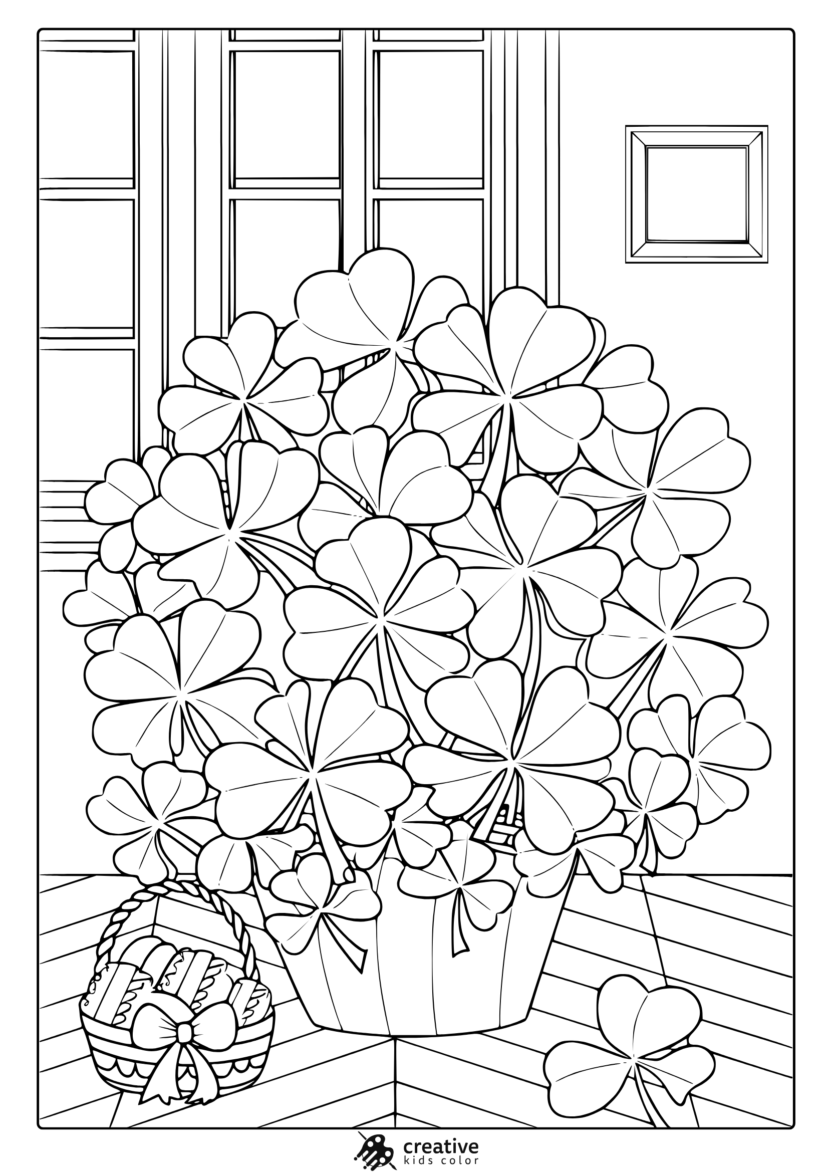 A St. Patrick’s Day Coloring Page Featuring A Vase Of Shamrocks, A Basket Of Bread, And A Cozy Indoor Setting.