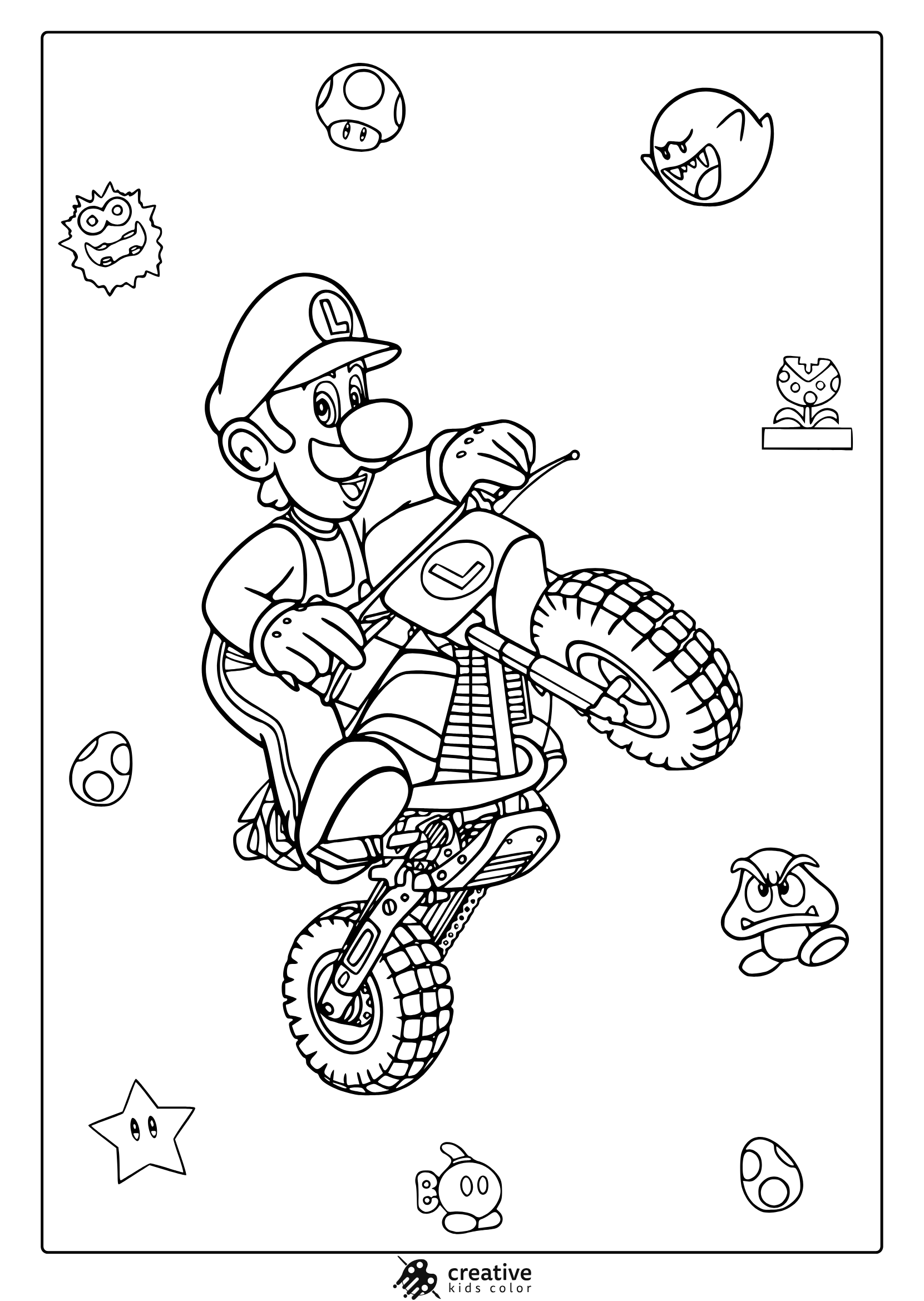Coloring Page With Luigi On A Dirt Bike And Mario-Themed Characters Surrounding Him.