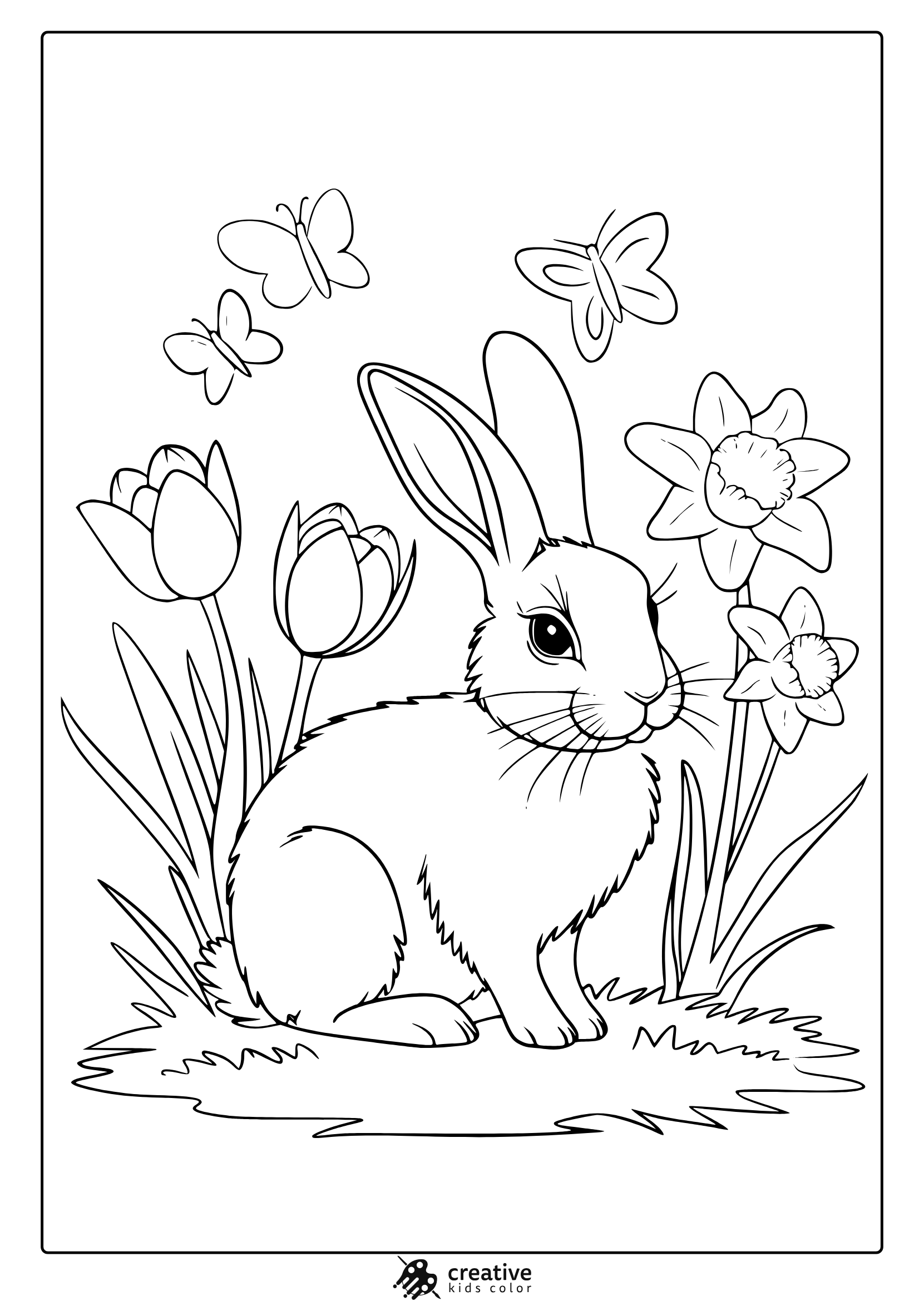 A Charming Bunny In A Flower-Filled Meadow With Butterflies, Featured In A Black-And-White Animal Coloring Page For Spring.