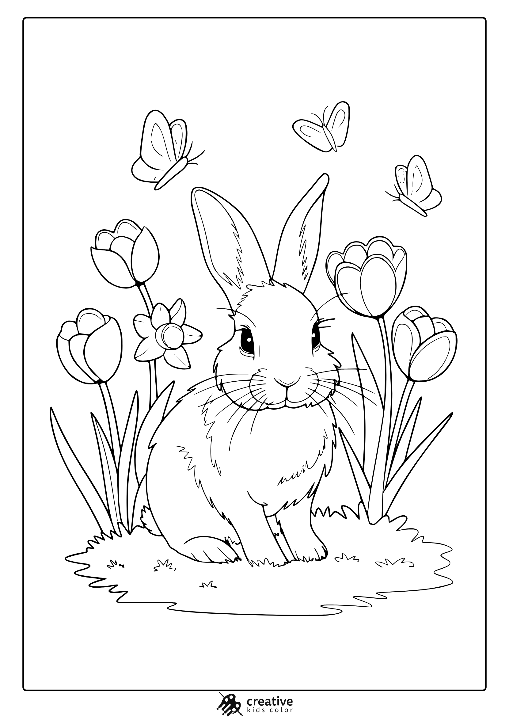 A Cute Bunny In A Grassy Field With Tulips And Daffodils, Illustrated In A Nature-Themed March Coloring Page.