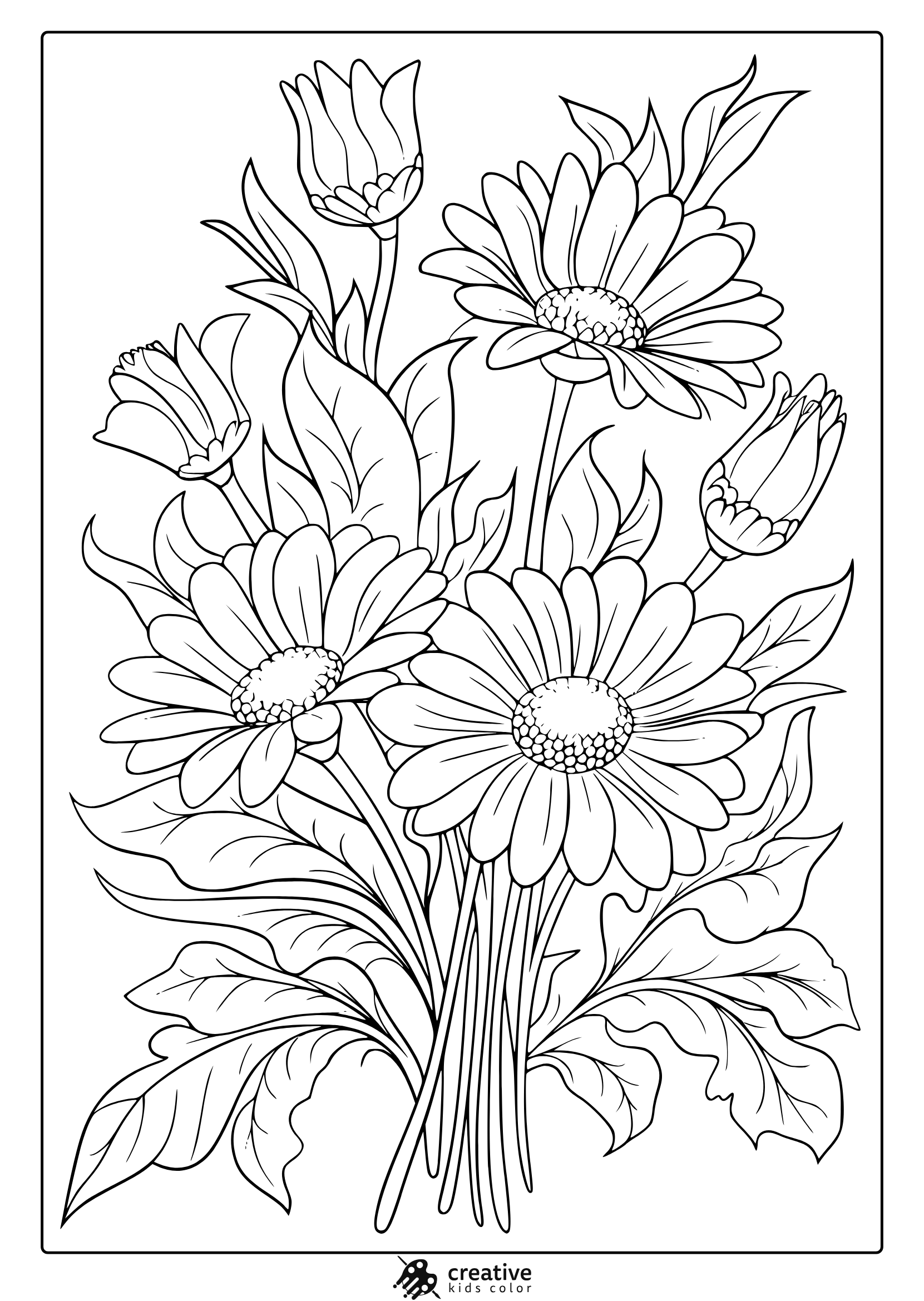 A Detailed Bouquet Of Daisies In A Black-And-White Flower Coloring Page, Perfect For A Relaxing And Creative Activity.