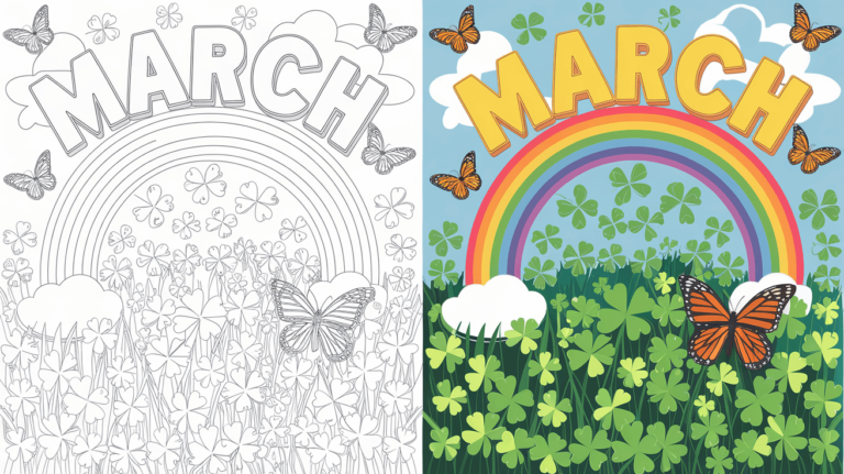 March Coloring Page Cover, Left Side Black And White, Right Side Colored In A Fun, Nature-Filled Scene.