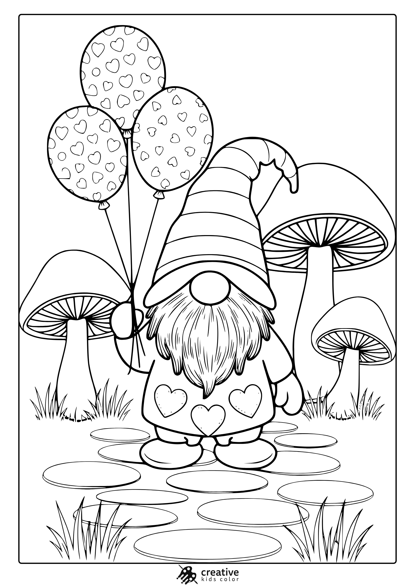 A Gnome-Themed March Coloring Page With A Gnome Holding Balloons, Mushrooms, And A Grassy Landscape For Creative Fun.