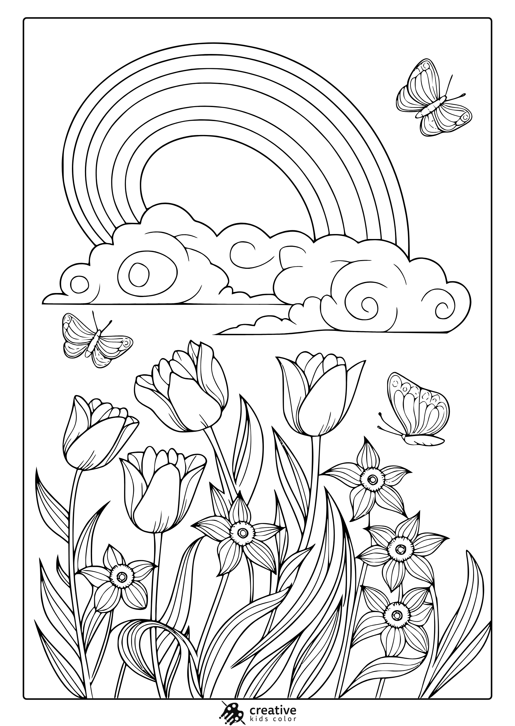 A Vibrant March Coloring Page Featuring A Large Rainbow, Fluffy Clouds, And A Garden Of Tulips And Daffodils.