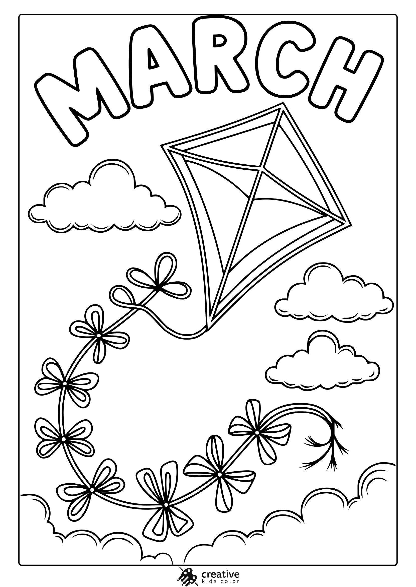 A fun kite flying high in a cloudy March sky, featured in a black-and-white coloring page for a creative experience.