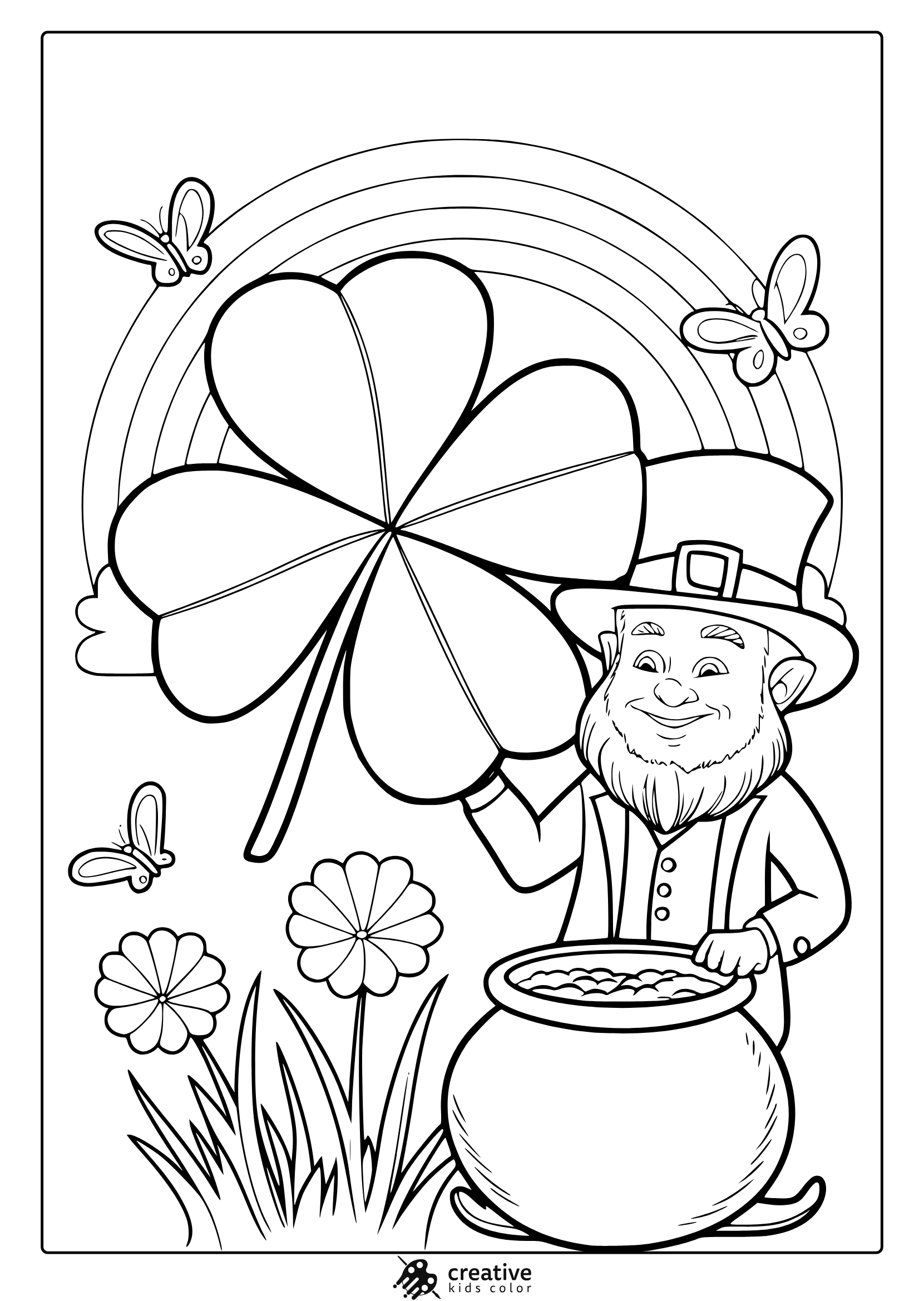 A Fun St. Patrick’s Day Coloring Page With A Leprechaun, A Pot Of Gold, A Rainbow, And A Lucky Shamrock.